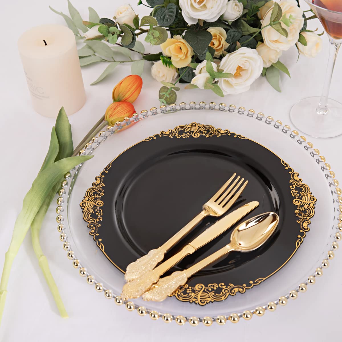 Nervure 200-Piece Black and Gold Plastic Dinnerware Set - 100 Black Gold Plates & 100 Gold Silverware (Forks, Knives, Spoons) - Elegant Disposable Tableware for Parties, Weddings, and Events