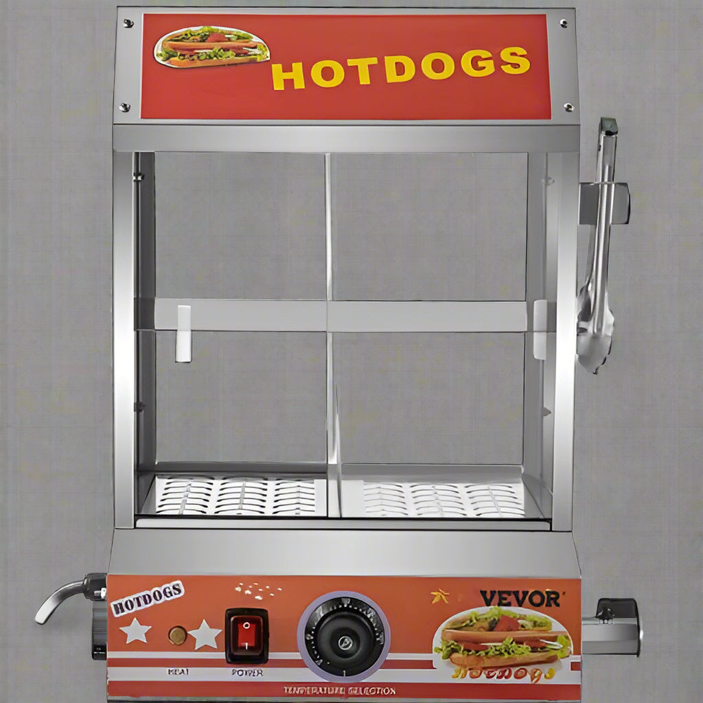 2 Tier Commercial Stainless Steel Hot Dog Steamer 27L with Bun Warmer - Perfect for Restaurants, Food Trucks & Concession Stands | SKU: 4393230