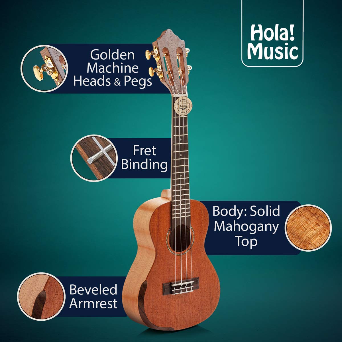 Hola! Music Professional Concert Ukulele - 24 Inch Solid Mahogany Top with Aquila Nylgut Strings, Gig Bag, Strap & Picks Bundle | Perfect for Beginners, Performances & Travel | HM-424SMM+ Model
