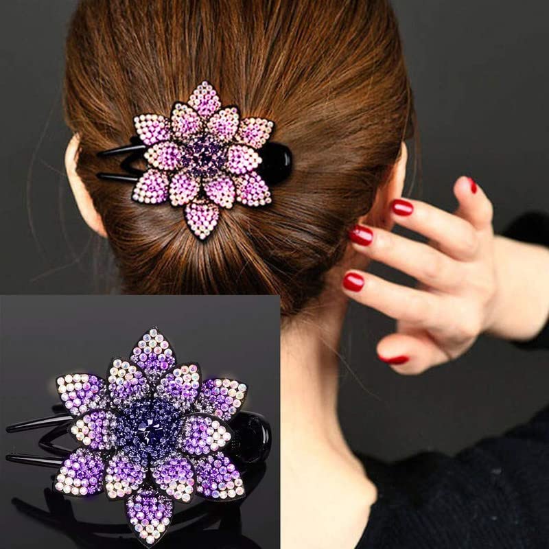 Elegant Rhinestone Hair Clip for Women - Double Flower Crystal Hairpin for Long Thick Hair | Party & Wedding Accessories