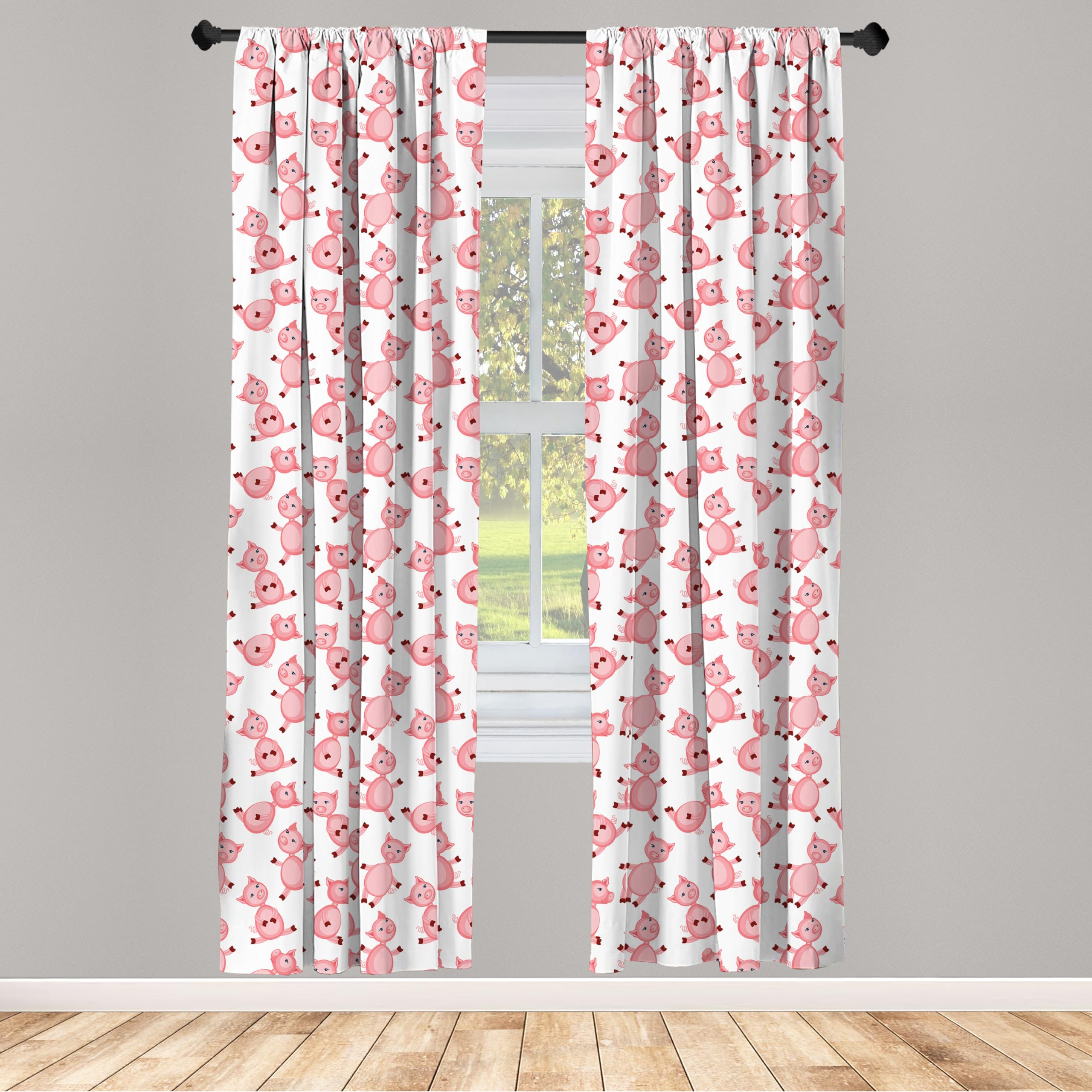Ambesonne Pig Window Curtains - Cute Cartoon Sitting & Smiling Pigs Farm Animal Design, Lightweight Home Decor 2-Panel Set with Rod Pocket (28
