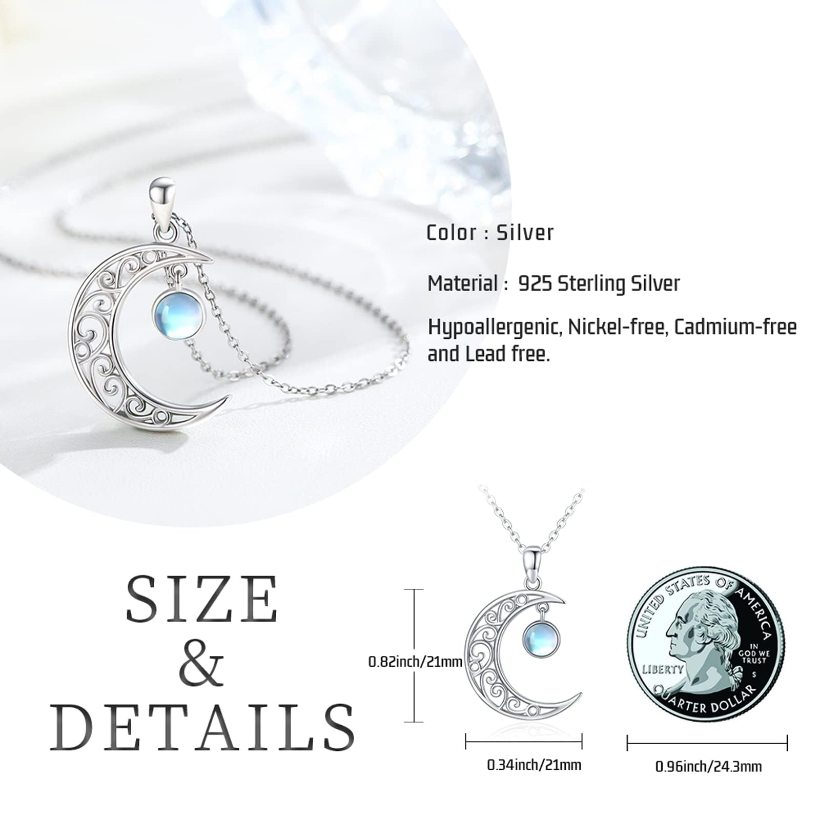 925 Sterling Silver Moon Necklace with Moonstone & Amber - Celtic Knot Moon Pendant Jewelry for Women | Birthday, Valentine's Day Gift for Her | Perfect for Boho Style, Spiritual Healing & Everyday Wear