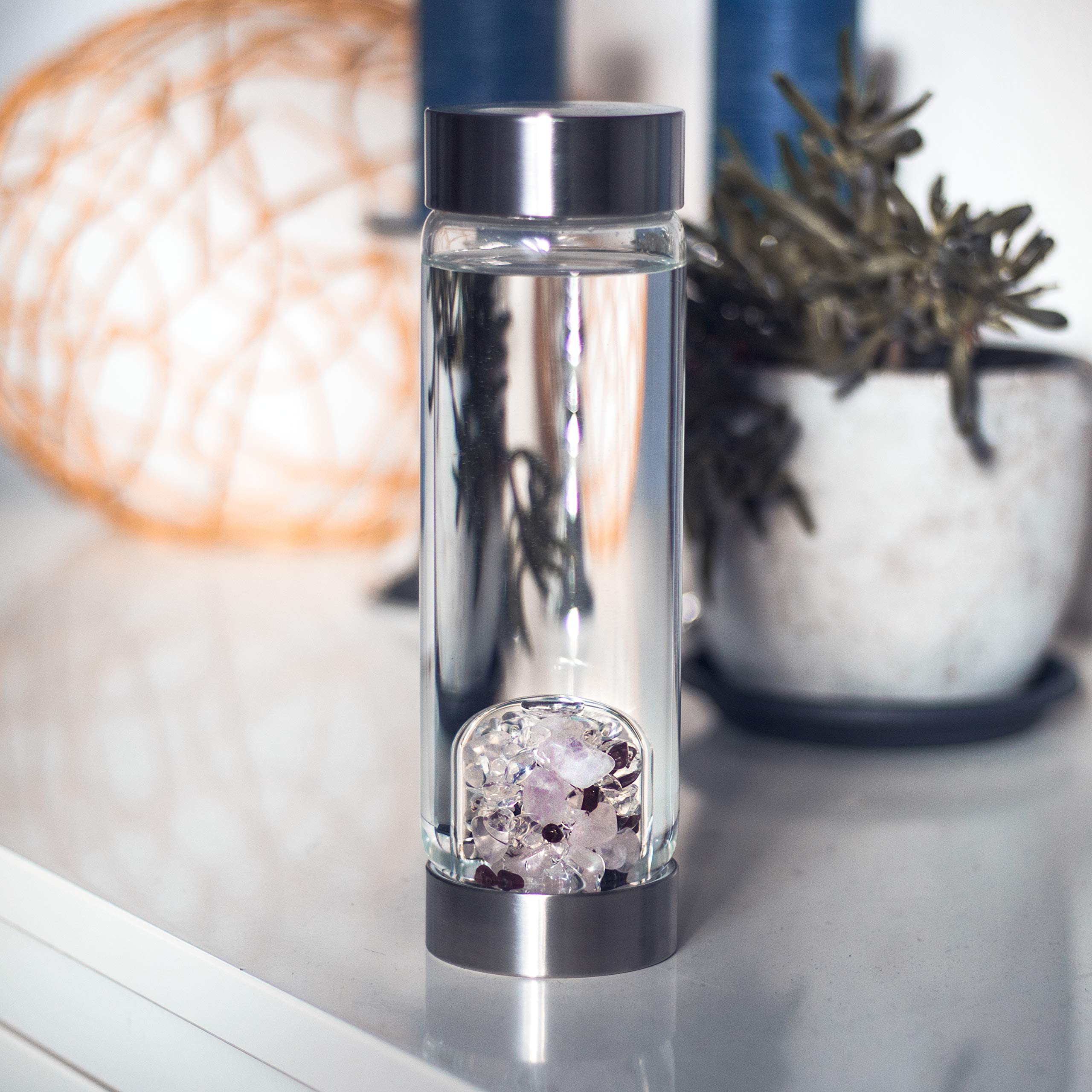 VitaJuwel ViA LOVE Crystal Water Bottle with Rose Quartz and Garnet - Natural Energy Infuser for Hydration, Wellness & Positive Vibes - Perfect for Yoga, Meditation, Office & Travel