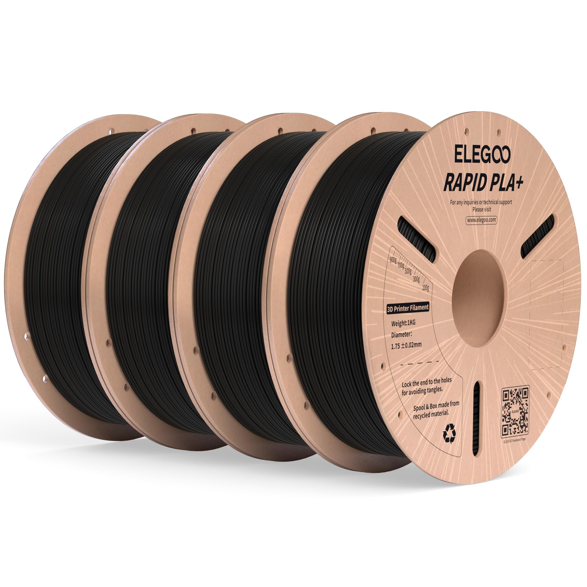 ELEGOO Rapid PLA Plus 3D Printer Filament 1.75mm Black 4KG (4 x 1kg Spools) - High Speed Printing 30-600mm/s, Superior Toughness & Dimensional Accuracy (±0.02mm) - Perfect for Fast Prototyping, Cosplay Props & Functional Parts