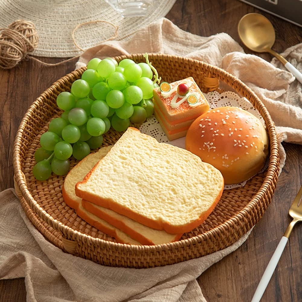 Handwoven Rattan Storage Basket with Handle - Picnic, Bread, Fruit & Snack Serving Tray - Natural Woven Desktop Display Organizer for Home, Kitchen, Party & Outdoor Gatherings