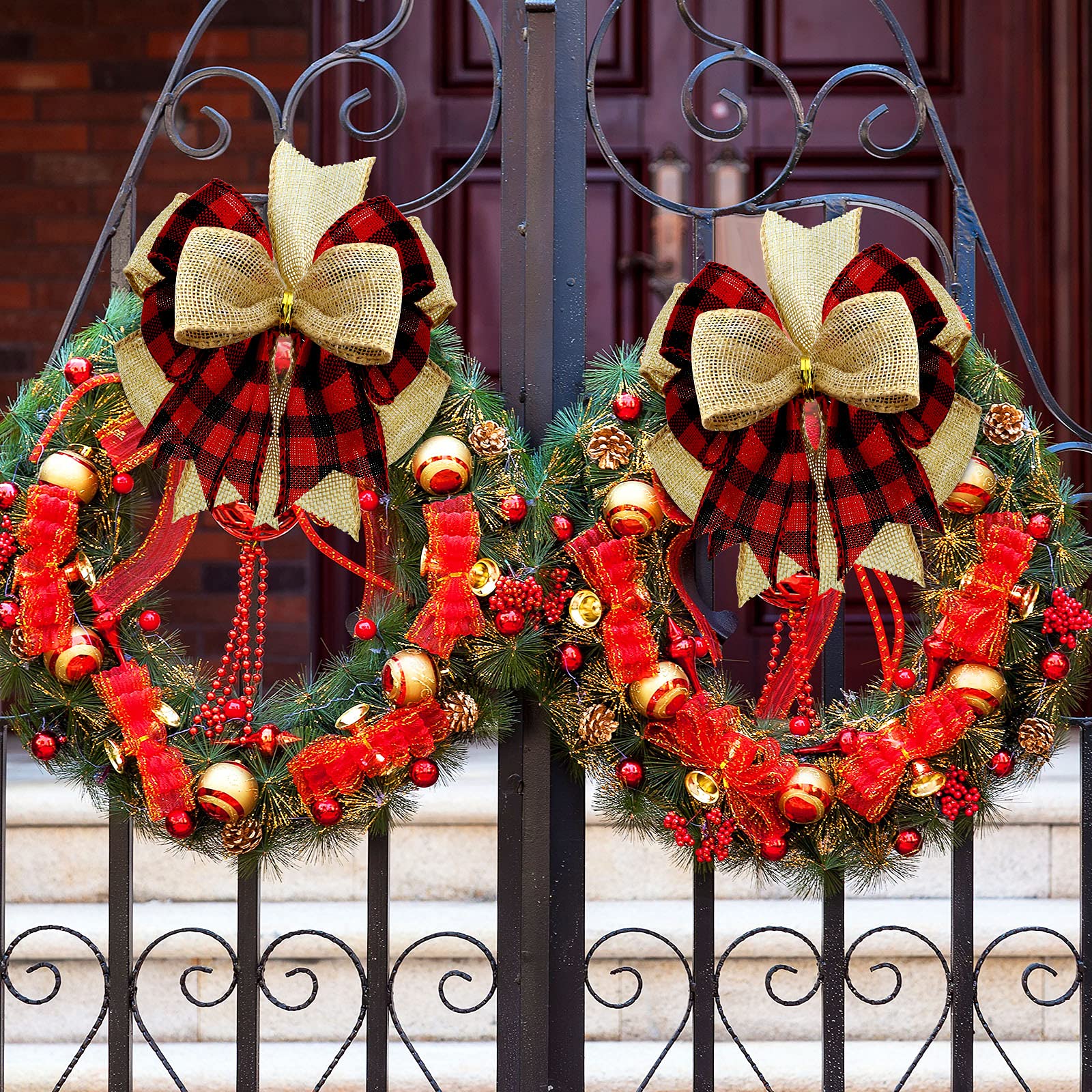 Christmas Buffalo Plaid Bows 6-Pack - Wreath & Tree Decor for Xmas, Weddings