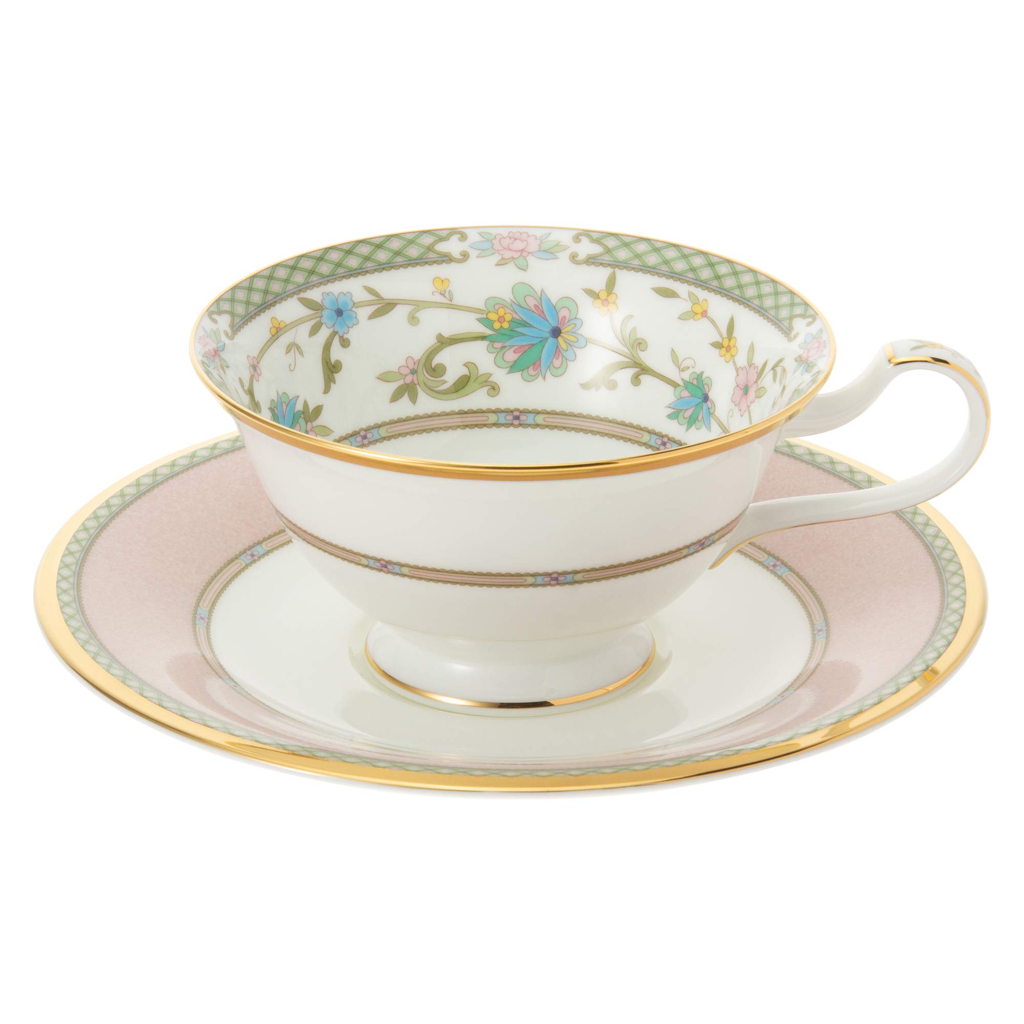 Noritake Bone China Tea and Coffee Cup Set - Yoshino Green & Pink Bowls (Pair) Y6988/998307 - Elegant Japanese Import for Afternoon Tea & Gifting