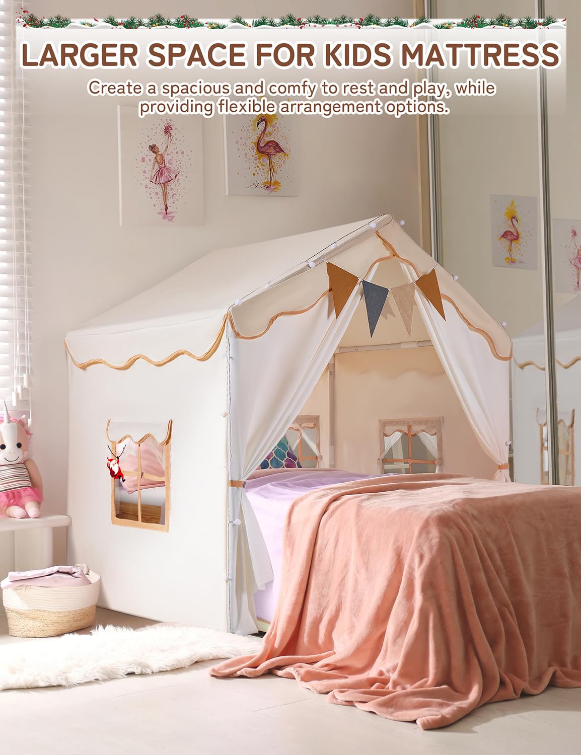 Besrey Kids Play Tent & Playhouse 2-in-1 with Padded Mat & LED Lights - Large Indoor/Outdoor Play Tent with 2 Doors & 4 Windows - 51