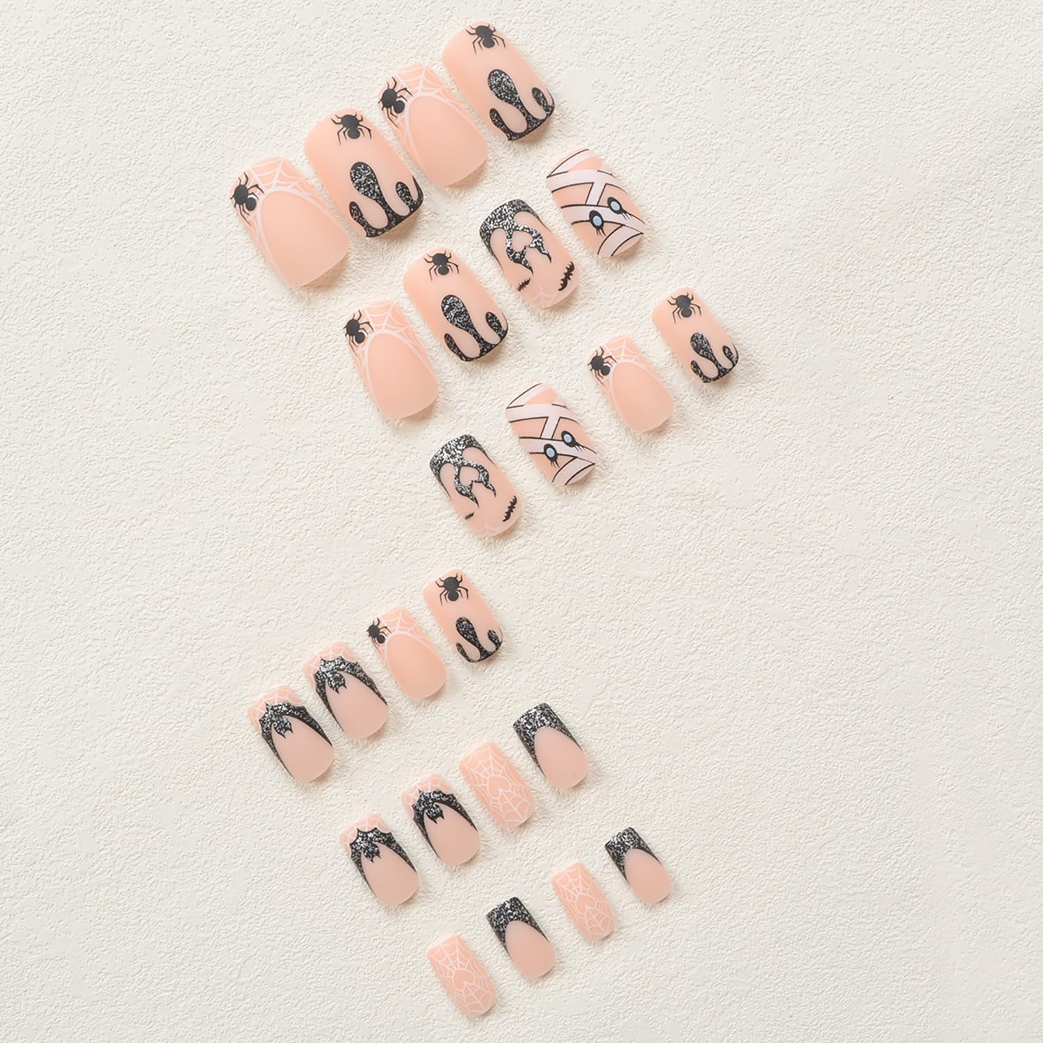 24 Pcs Matte Pink Press on Nails - Medium Length Halloween Fake Nails with Glue, Cute French Tip False Nails with Spider Web & Flame Design - Full Cover Nail Tips for Women & Girls - Perfect for Halloween Parties, Cosplay, and Nail Art Enthusiasts