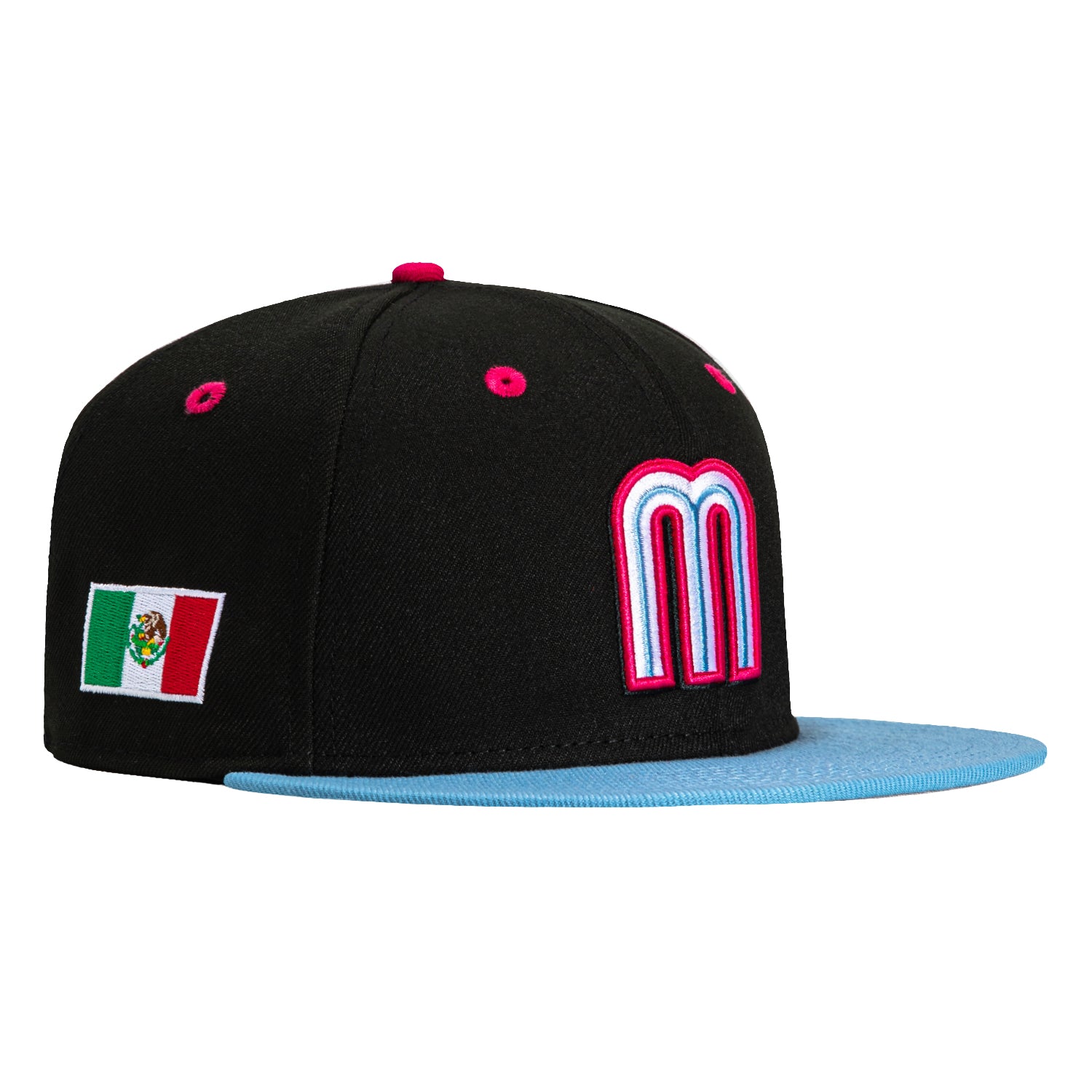 New Era 59Fifty Mexico World Baseball Classic Snapback Hat with Mexico Flag Patch - Black, Light Blue, Magenta - Perfect for Baseball Games, Sports Events & Streetwear Fashion