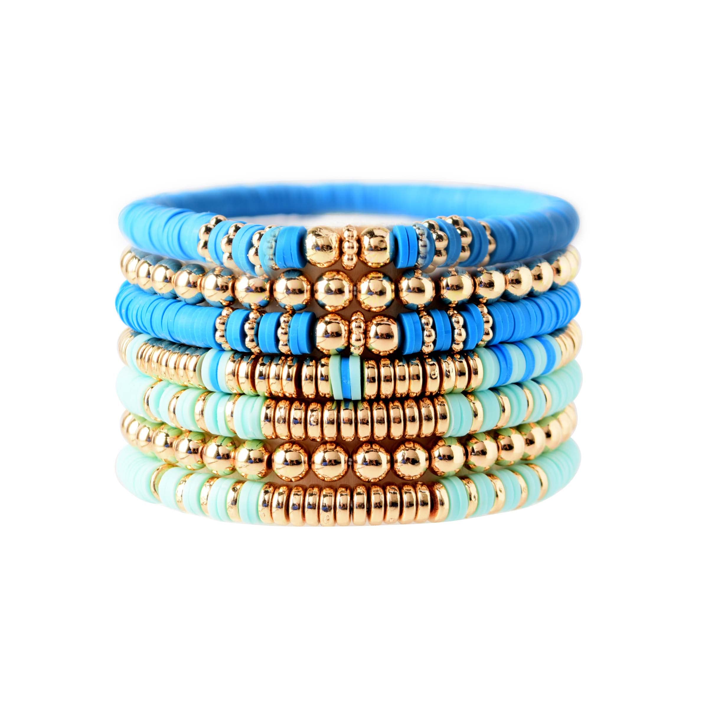 GOOJIDS Surfer Heishi Clay Bead Bracelets for Women - Bohemian Stackable Gold Beaded Stretch Bracelets Set, Elastic Layering Friendship Jewelry - Perfect for Beach Parties, Music Festivals & Boho Fashion Accessories