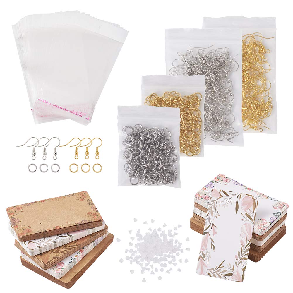 Cheriswelry French Wire Earring Hooks with Bullet Backs - DIY Jewelry Making Kit Includes Display Cards, Self-Adhesive Bags & Jump Rings - Perfect for Earring Crafting, Jewelry Display & Gift Packaging (50-Piece Set)