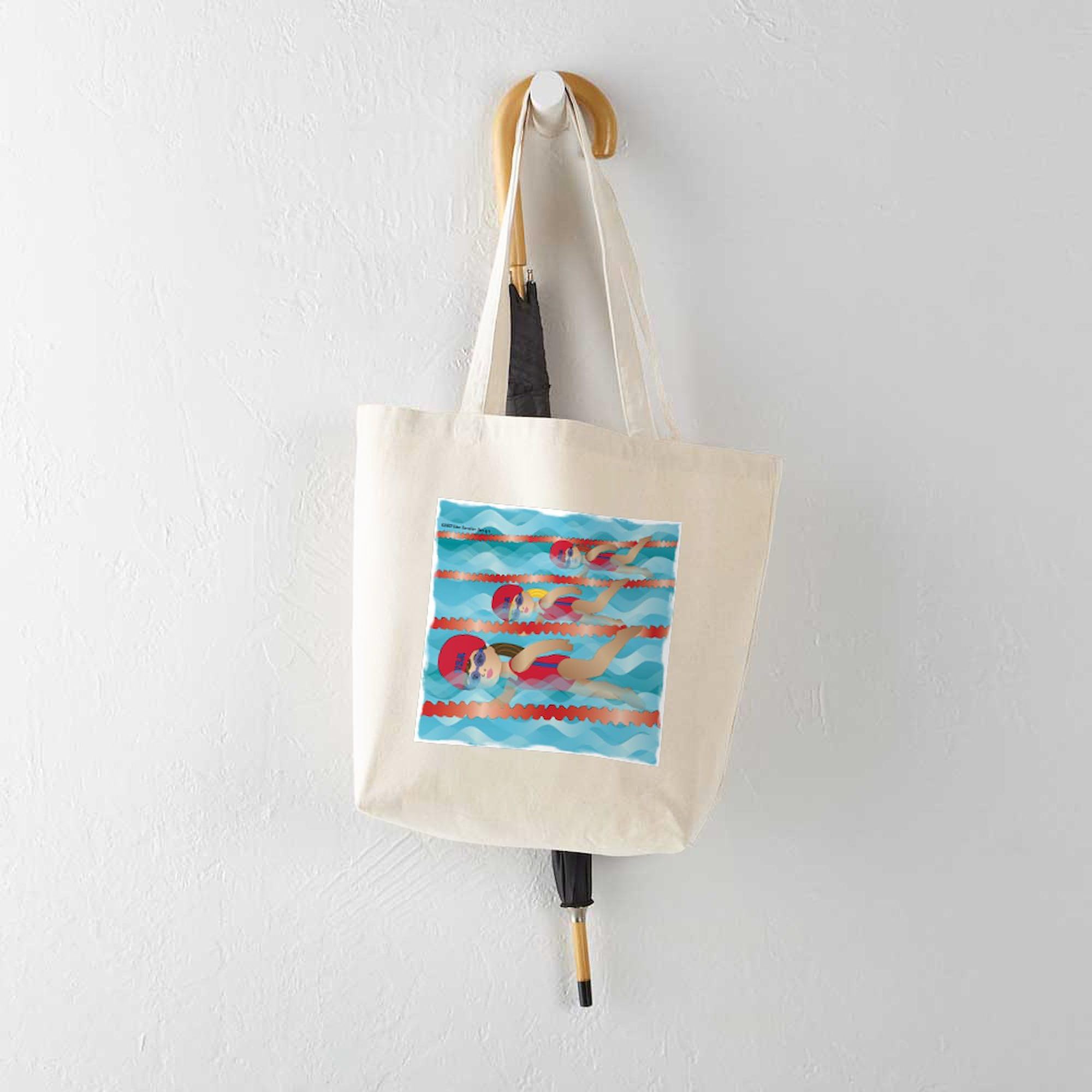 **Little Swimmer Girls Tote Bag - Natural Canvas Reusable Shopping Bag for Beach, Pool & Travel | Eco-Friendly & Durable**