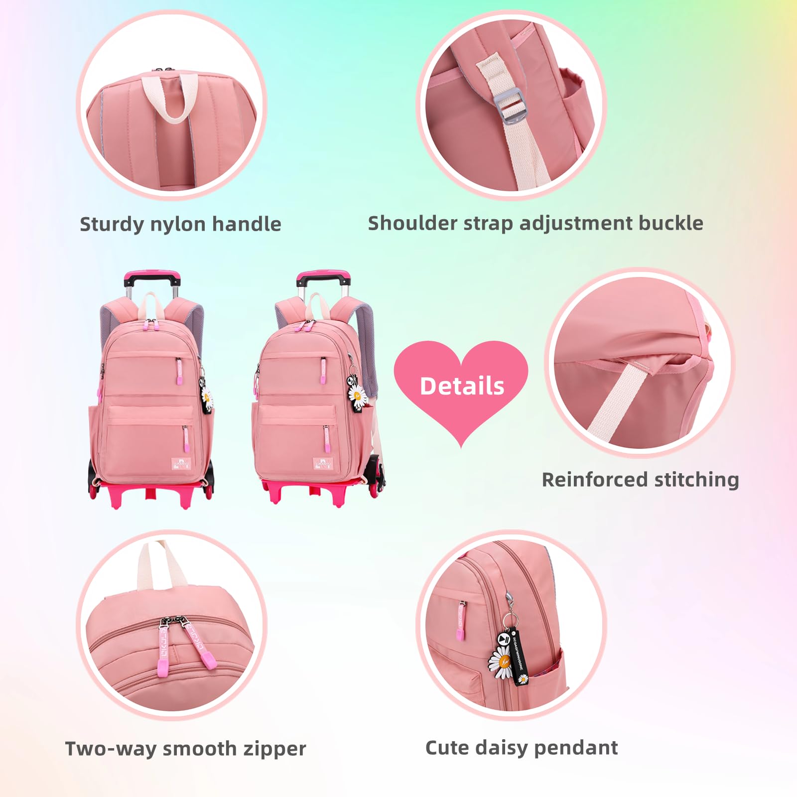 Rolling Backpack for Kids - Lightweight Wheeled School Backpack with Handle, Pink Travel Trolley Bag for Boys & Girls - Perfect for School, Travel, and Daily Commute
