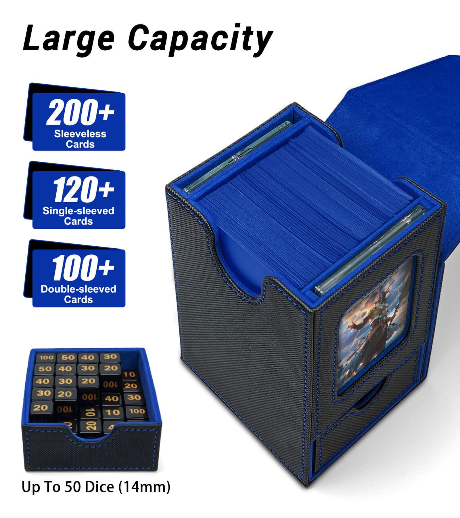 Premium MTG Commander Deck Box - Holds 100 Double-Sleeved Cards with 2 Display Stands & Built-in Dice Tray | Ultimate Storage Solution for Magic: The Gathering, TCG & CCG Cards | Perfect for Game Nights & Tournaments (Blue)