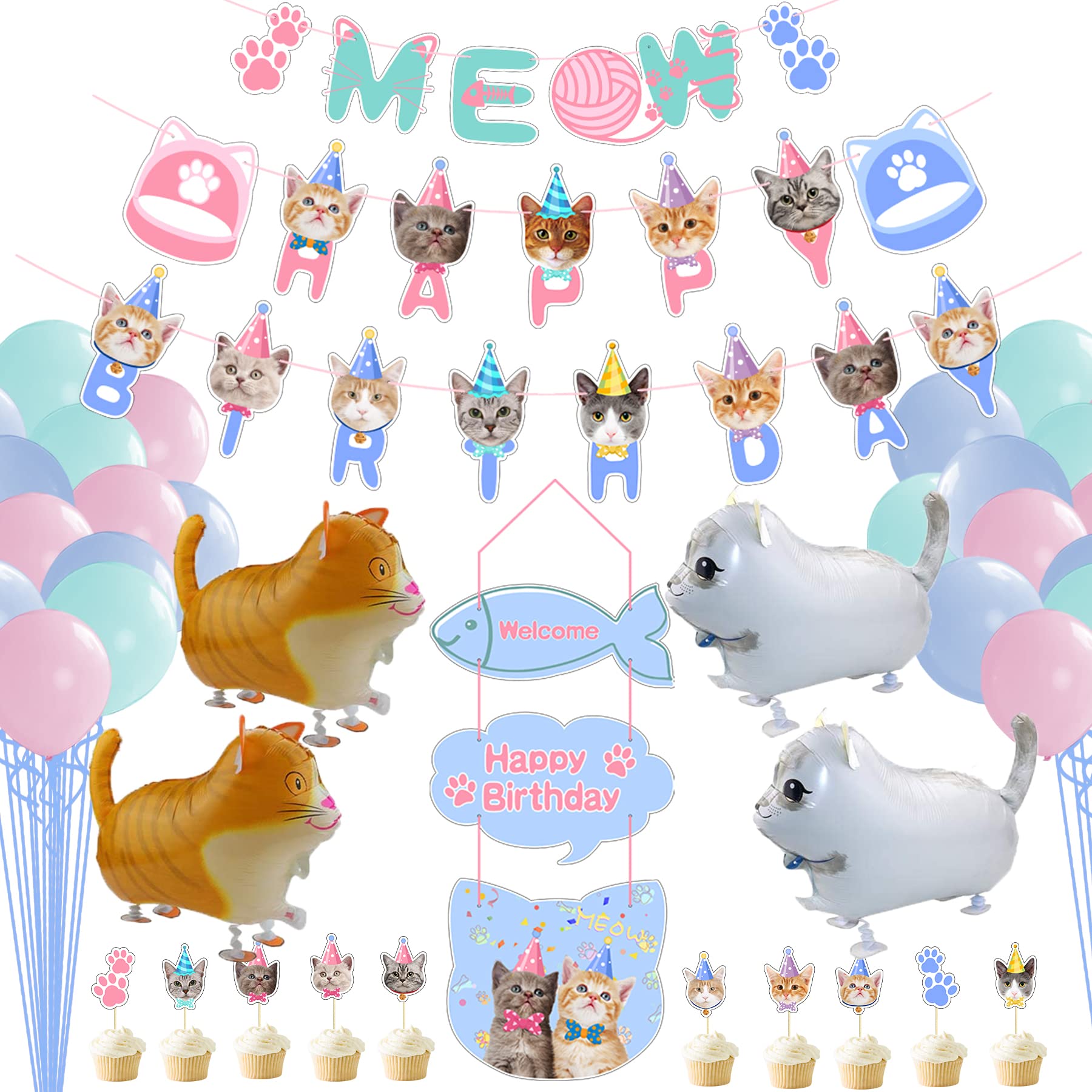 30Pcs Cat Birthday Party Decorations - Macaron Balloon Banners, Happy Birthday Meow Face Banner, 10Pcs Cake Toppers & 4Pcs Walking Cat Balloons for Cat Lovers, Kids Pet Theme Party | Perfect for Cat-Themed Birthday Celebrations, Baby Showers & Kitty Lover Events