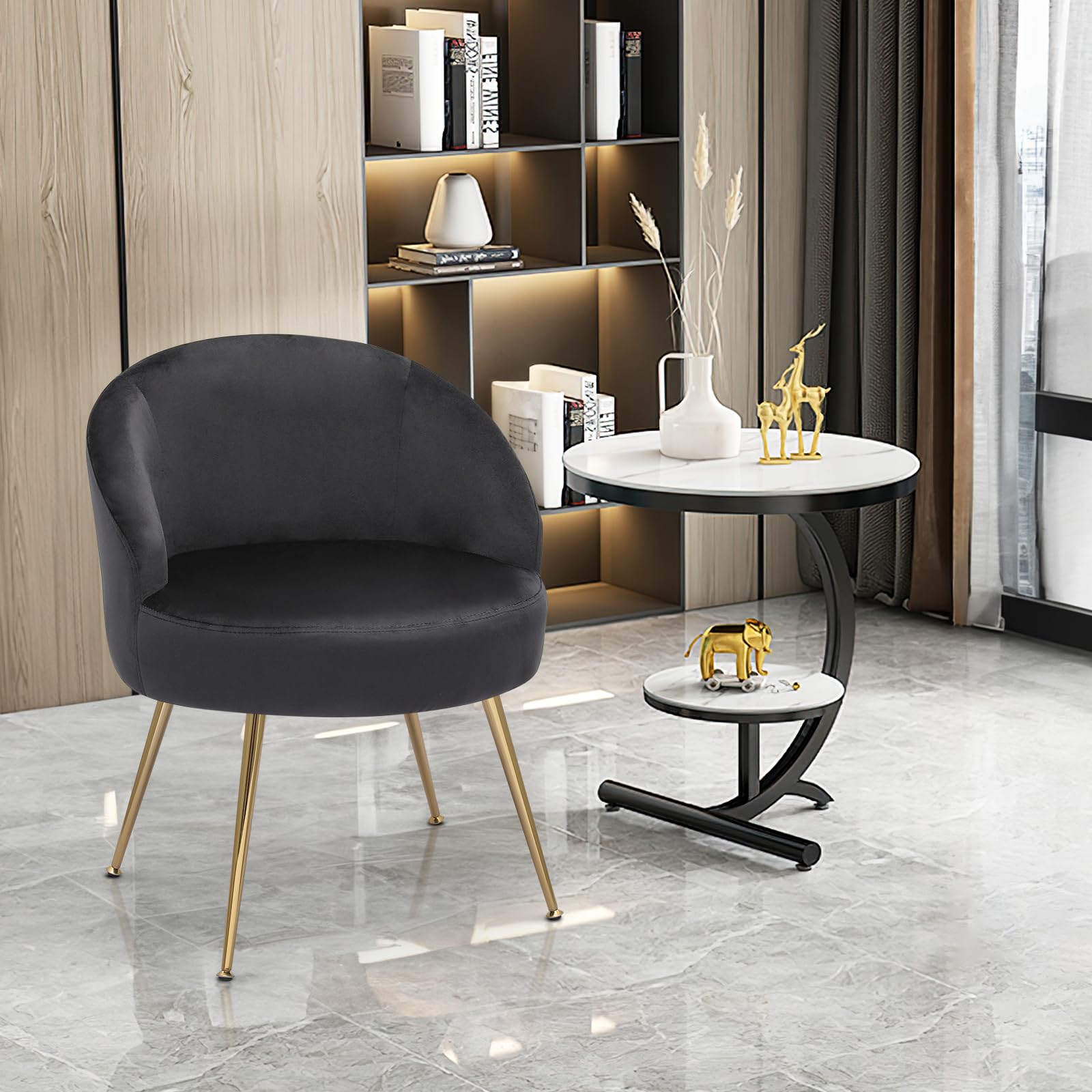 Magshion Black Velvet Vanity Chair with Metal Legs - No Wheels, Back Support Accent Chair for Bedroom, Living Room & Makeup Area - Comfy Upholstered Seat for Girls & Women (Perfect for Dressing Table, Beauty Station & Home Decor)