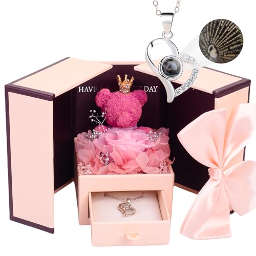 Pink Preserved Roses Gifts Box With I Love You Heart Necklack