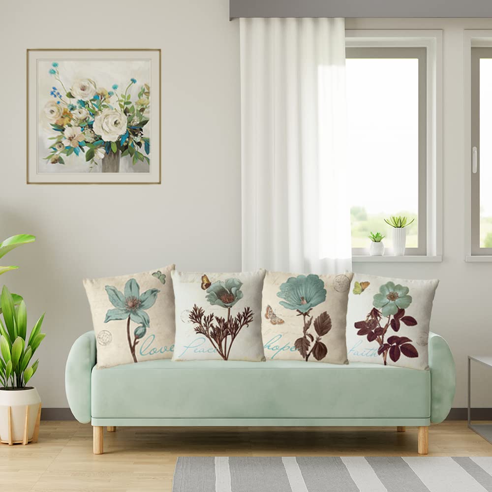 4-Pack Lotus Leaf Butterfly Floral Throw Pillow Covers - 26x26 Inch Cotton Linen Square Cushion Cases for Sofa, Bed, Car & Home Decor - Perfect for Living Room, Bedroom, Outdoor Patio and Interior Design