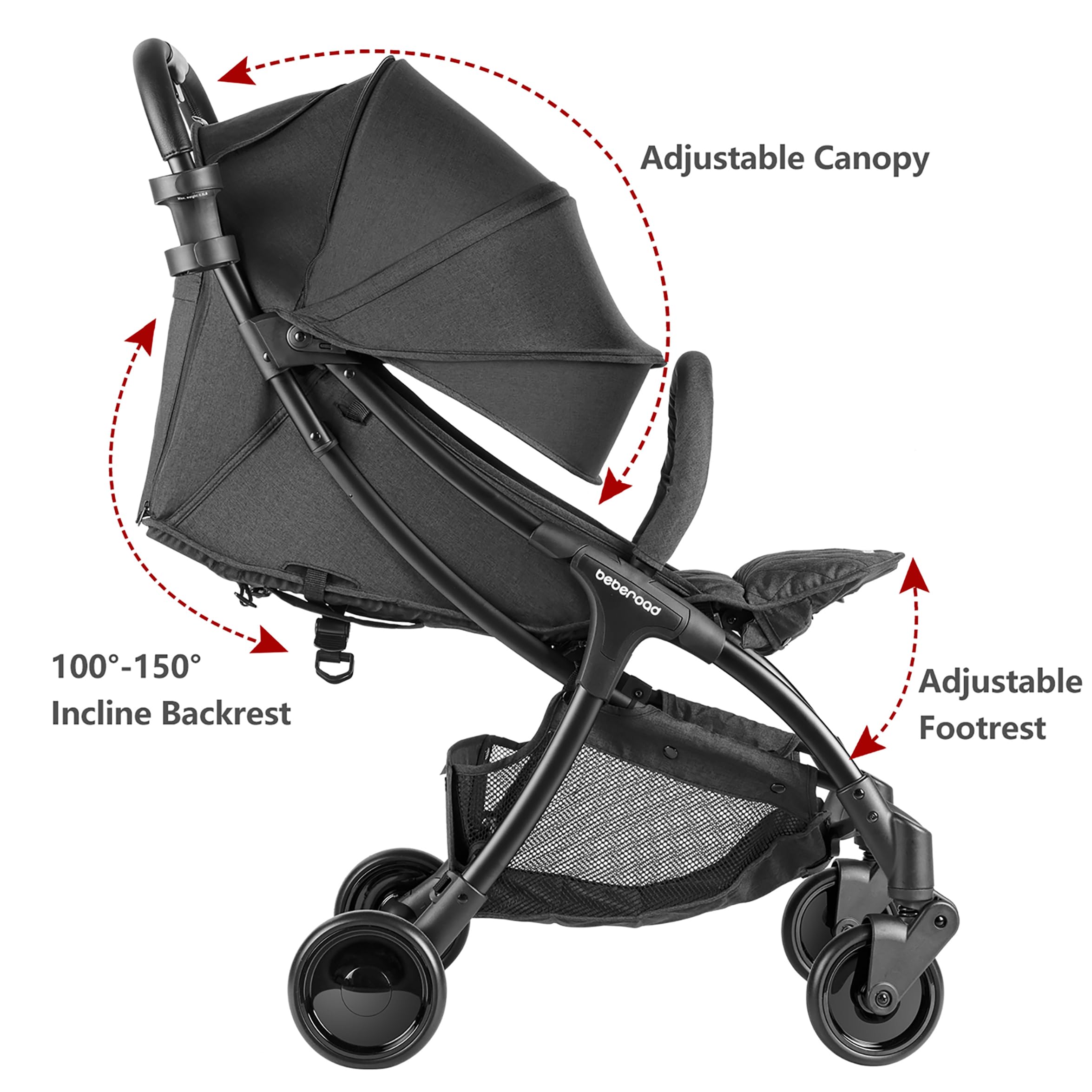 Beberoad Love R2 Compact Lightweight Travel Stroller for Toddlers - Foldable Baby Stroller with Adjustable Backrest, Cup Holder & Waterproof Canopy (Black) | Perfect for Airplane Travel, Shopping & Daily Walks