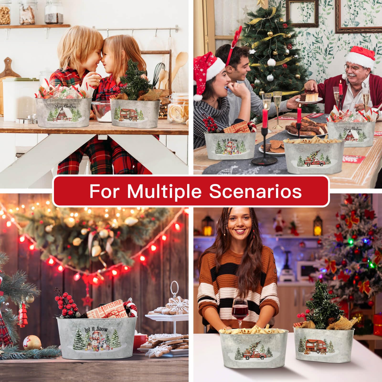 Christmas Metal Buckets Set of 5 - Galvanized Tin Pails for Holiday Decor, Party Centerpieces & Beverage Serving | 9 Inch Oval Pots for Home Table Decorations, Storage & Festive Celebrations