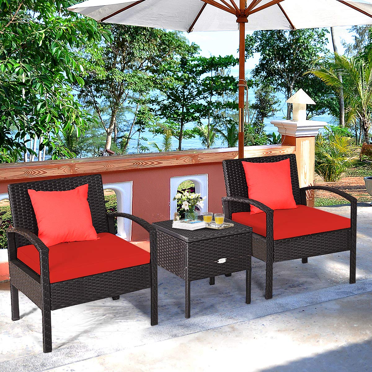 3-Piece Patio Furniture Set - PE Rattan Outdoor Conversation Set with Washable Removable Cushions & Coffee Table with Storage Space - Wicker Sofa Set for Garden, Poolside, Balcony, Backyard (Red) - Perfect for Outdoor Relaxation, Entertaining Guests, and Lounging by the Pool