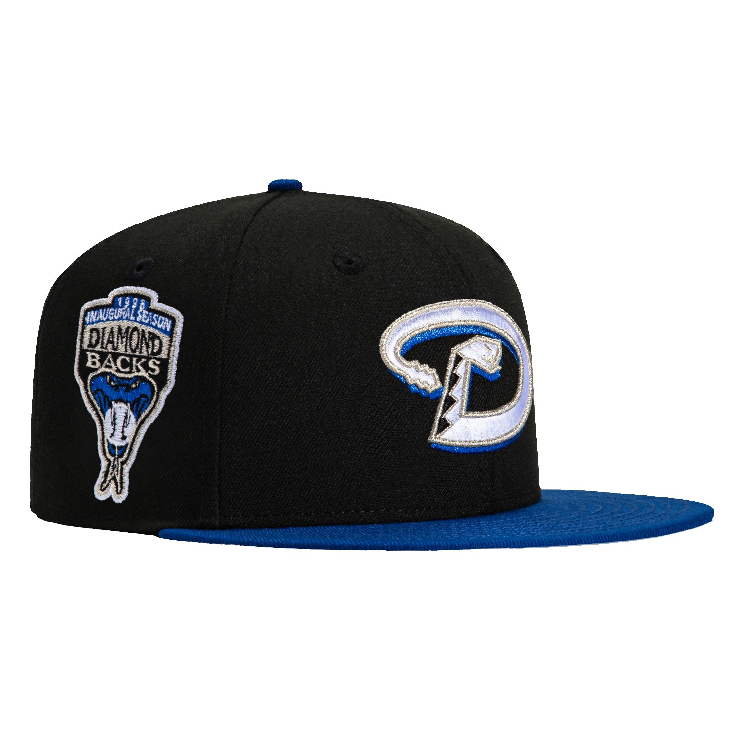 New Era 59Fifty Arizona Diamondbacks Inaugural Patch Snapback Hat - Black & Royal Blue - Official MLB Baseball Cap for Men & Women - Perfect for Games, Collecting & Streetwear Fashion
