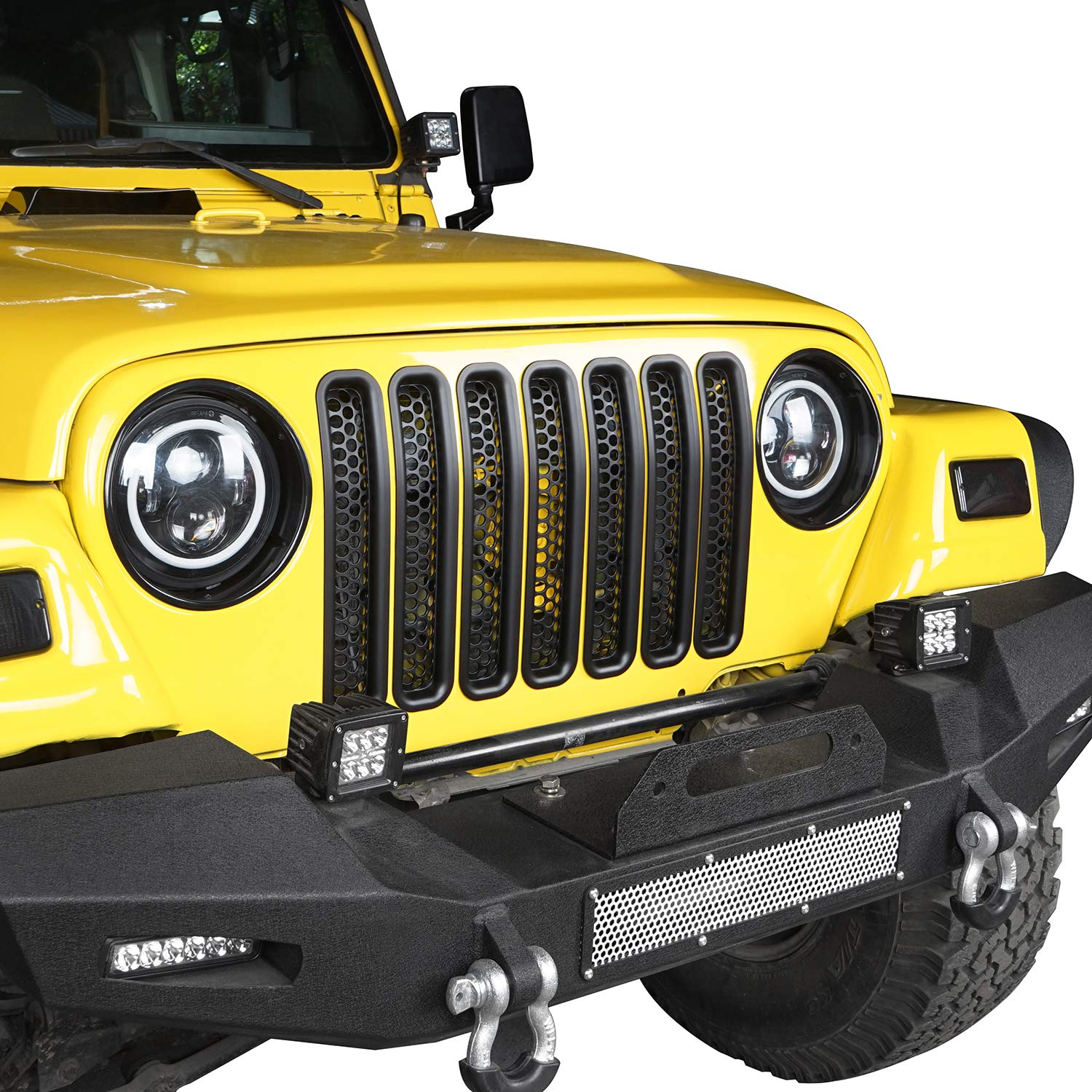 Hooke Road Black Front Grill Mesh Inserts - Honeycomb Grille Guards for 1997-2006 Jeep Wrangler TJ & Unlimited (7-Piece Set) - Durable Off-Road Protection & Custom Style Upgrade for Jeep Enthusiasts