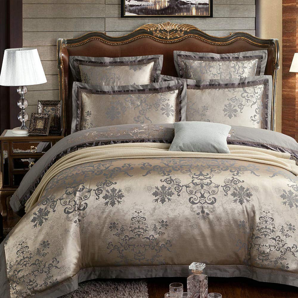 KTUCN 4-Piece Jacquard Damask Silk Bedding Set - Gray Embroidery Pattern Duvet Cover & Cotton Bed Sheets King Size for Luxury Bedroom Decor