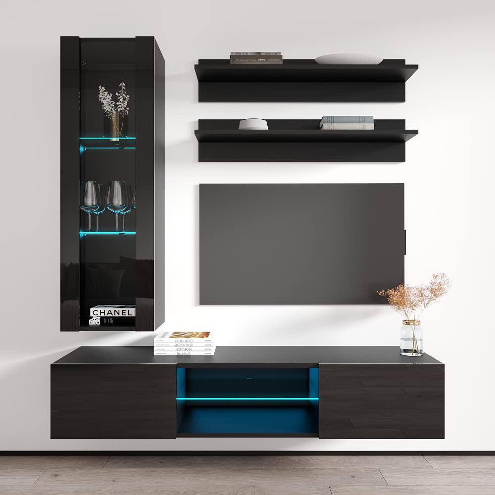 Modern Wall-Mounted TV Stand with Storage & LED Lights - Floating Entertainment Center Console for Living Room & Bedroom - H2 33