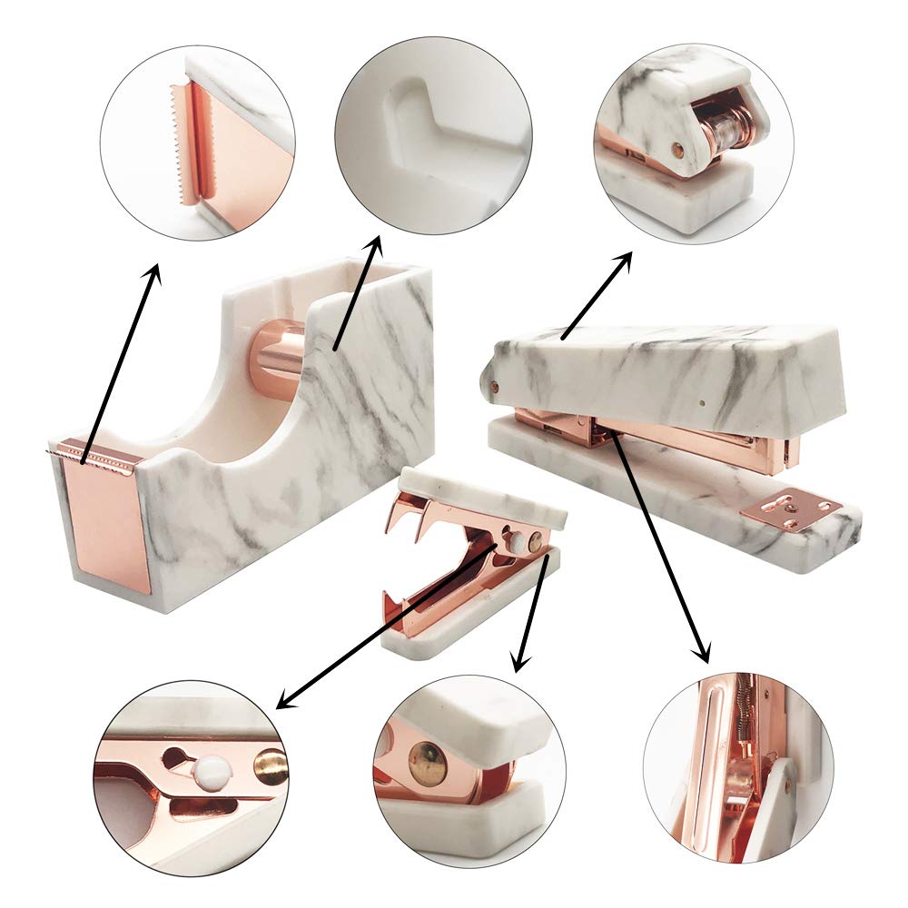 Rose Gold Marble Print Stapler, Staples Remover & Tape Dispenser Set - Elegant Office Desk Accessories for Professionals | Perfect Executive Gift & Desktop Organizer for Home & Office Use