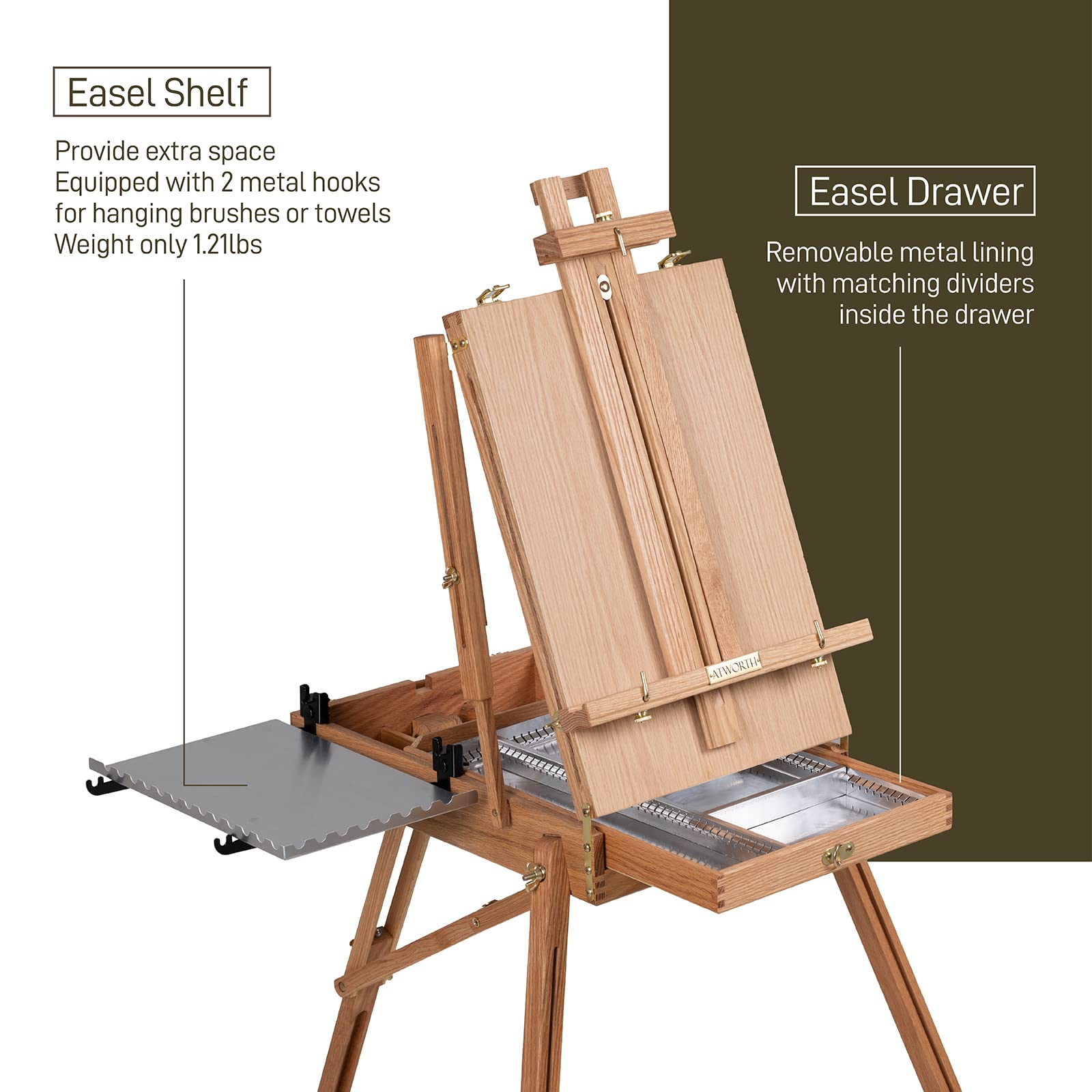 Deluxe Oak Wood French Easel for Painting - Portable Studio & Field Sketchbox Easel Stand with Metal Side Tray, Tabletop & Tripod Floor Use, Holds 34