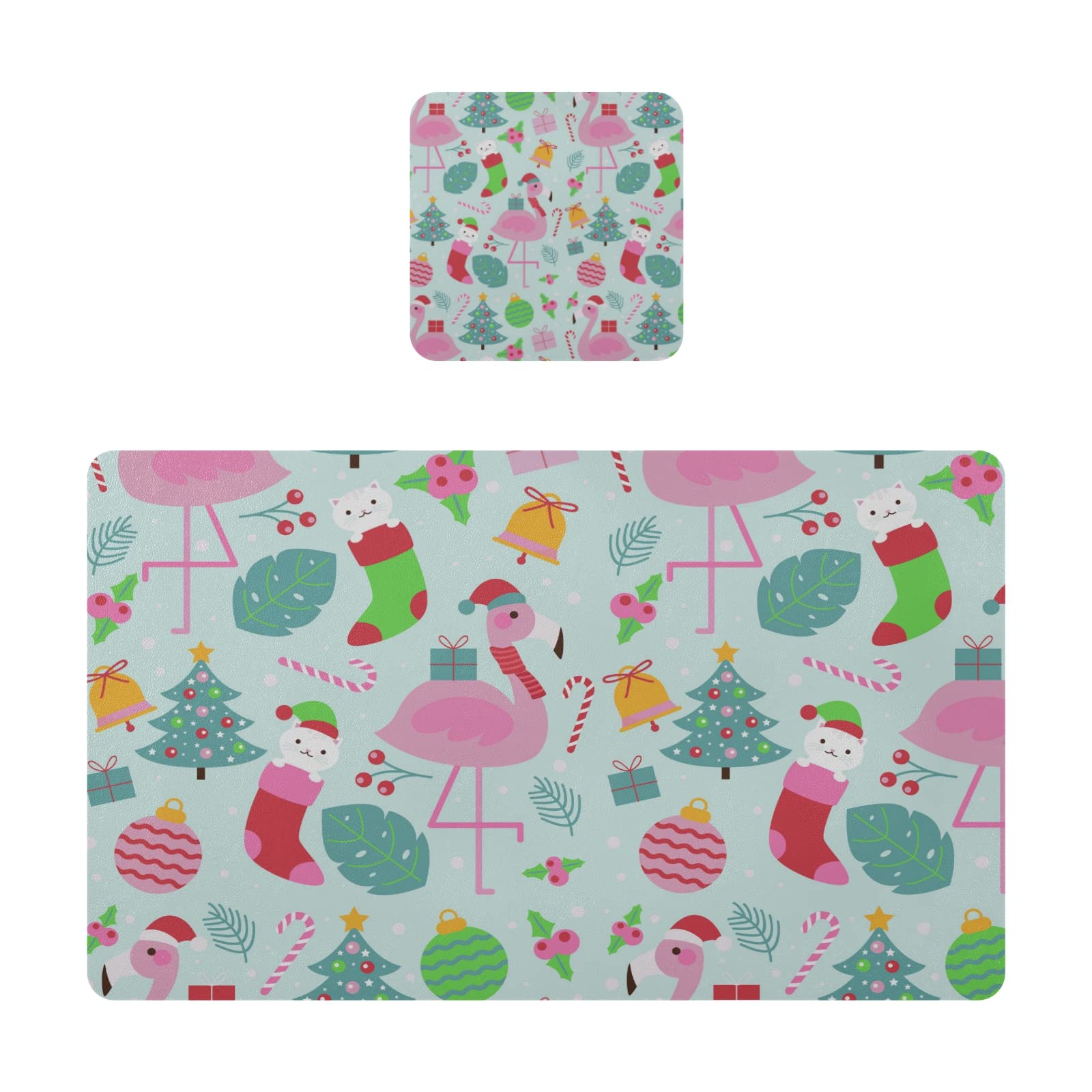 Flamingo Christmas Cat Placemats Set of 4 - Heat Resistant PVC Table Mats, Waterproof Kitchen & Dining Mats for Holiday Decor, Coffee Table, Party Serving - Perfect for Christmas Dinner, Festive Home Decor & Gift Giving
