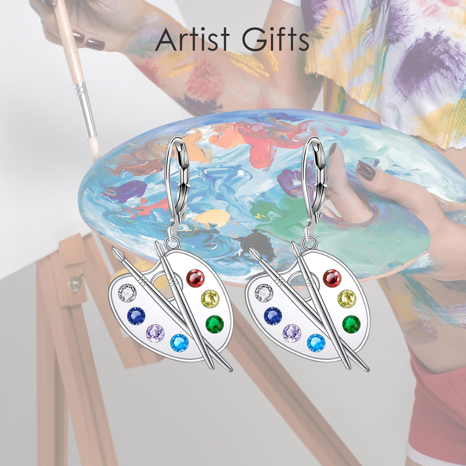 Handmade Artist Paint Palette & Brush Dangle Earrings - Art-Themed Leverback Jewelry - Perfect Gift for Painters & Art Lovers - Great for Art Classes, Exhibitions & Creative Outfits