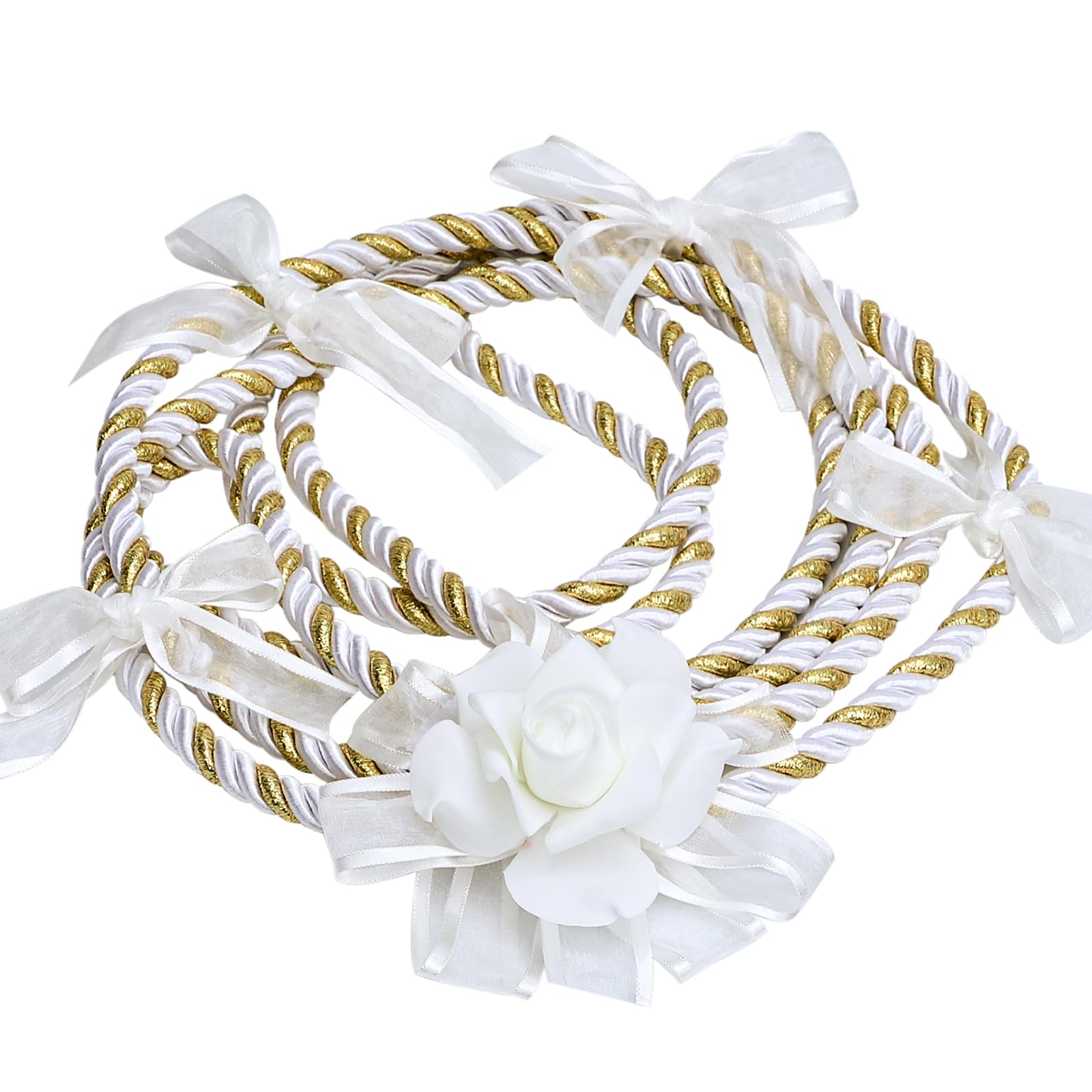 White Gold Wedding Lasso Rope with Flowers - Traditional Lazo Cord for Handfasting Ceremony, Bridal Gift - Perfect for Catholic, Mexican & Spanish Wedding Traditions (White)
