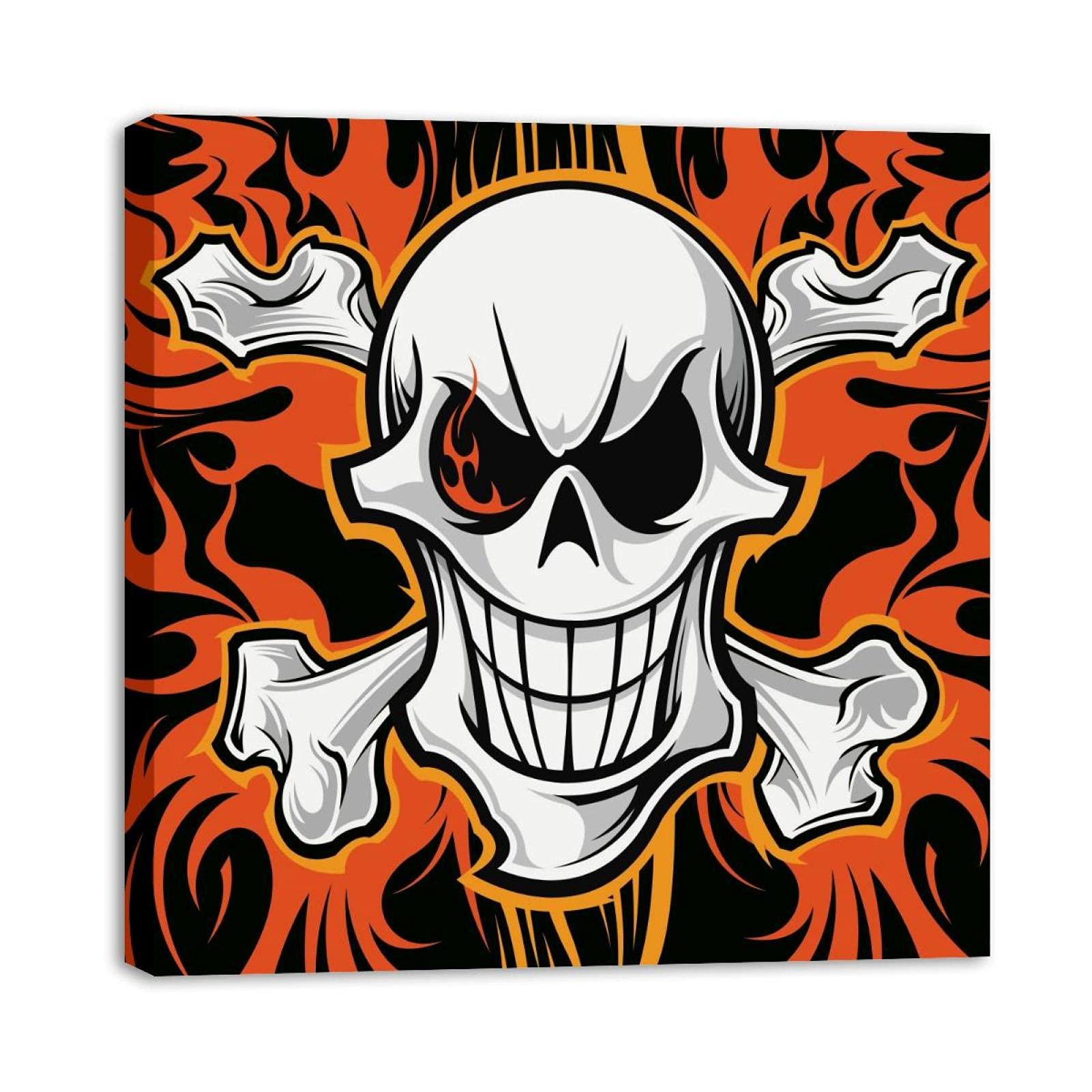 Framed Canvas Wall Art - Skull & Crossbones Fire Oil Painting - Gothic Decor for Living Room, Bedroom, Bathroom & Office - Unique Home Decoration for Halloween, Pirate Theme & Dark Aesthetic Spaces