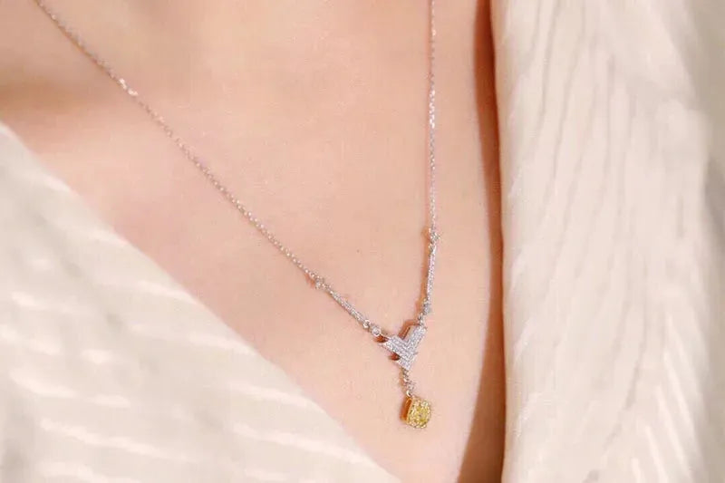 18K White Gold Y-Shaped Diamond Pendant Necklace for Women - Elegant Real Natural Yellow Diamond Jewelry Gift for Anniversary, Birthday & Special Occasions