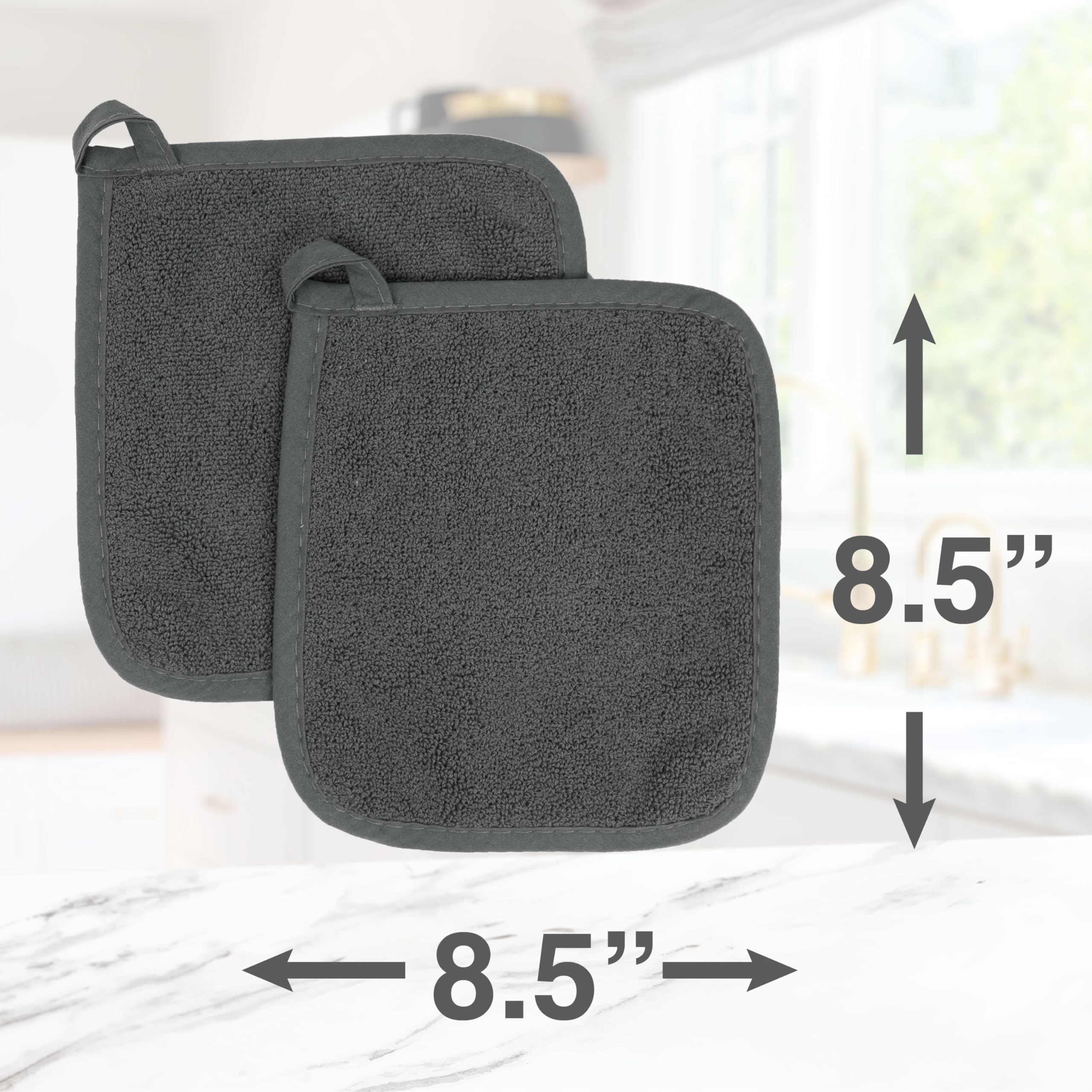 Ritz Terry 100% Cotton Potholders Set of 2 - Heat Resistant Kitchen Mitts with Ergonomic Grip, Machine Washable Oven Gloves - Graphite Color for Cooking, Baking & Grilling