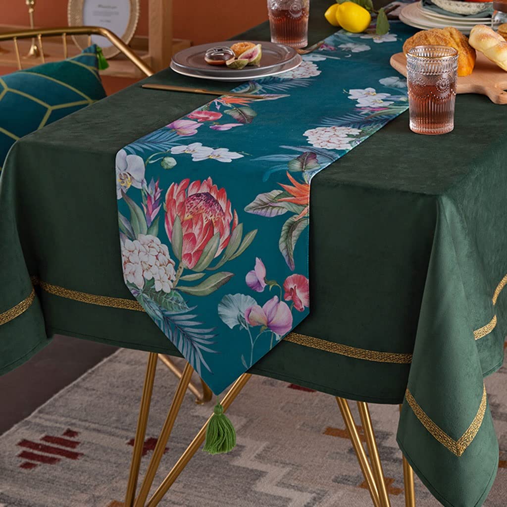 Elegant Embroidered Velvet Table Runner with Tassels - 32x180cm Rectangular Long Coffee Table Cover for Parties & Home Decor (Pink) - Perfect for Weddings, Dining Tables, and Holiday Decorations