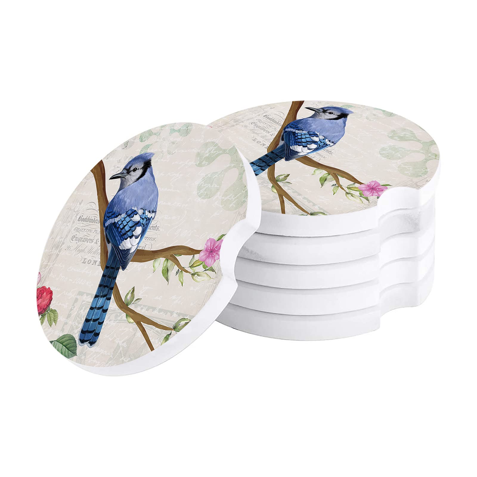 6 Pack Absorbent Ceramic Car Cup Holder Coasters - Blue Jay Bird & Pink Floral Design with Finger Notch, Non-Scratch Cork Base - Perfect for Cars, Office & Home Decor - Retro Art Coasters for Drinks & Beverages