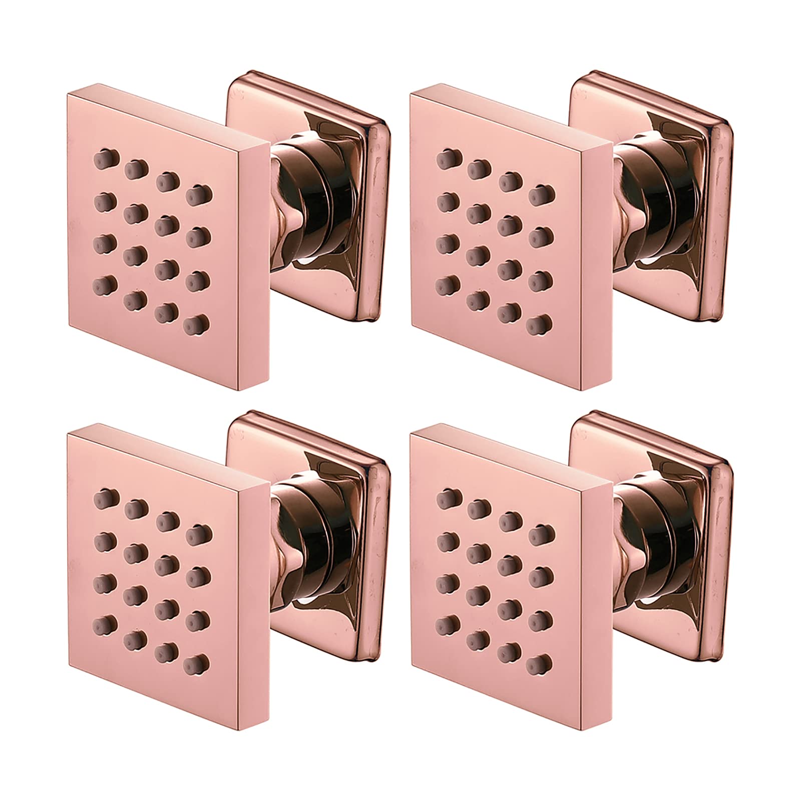 Premium Rose Gold Square Shower Body Spray Massage Jet - 4 Pack Adjustable Wall Mount Brass Shower Head Sprayer (50x50mm) for Luxurious Spa-Like Bathroom Experience