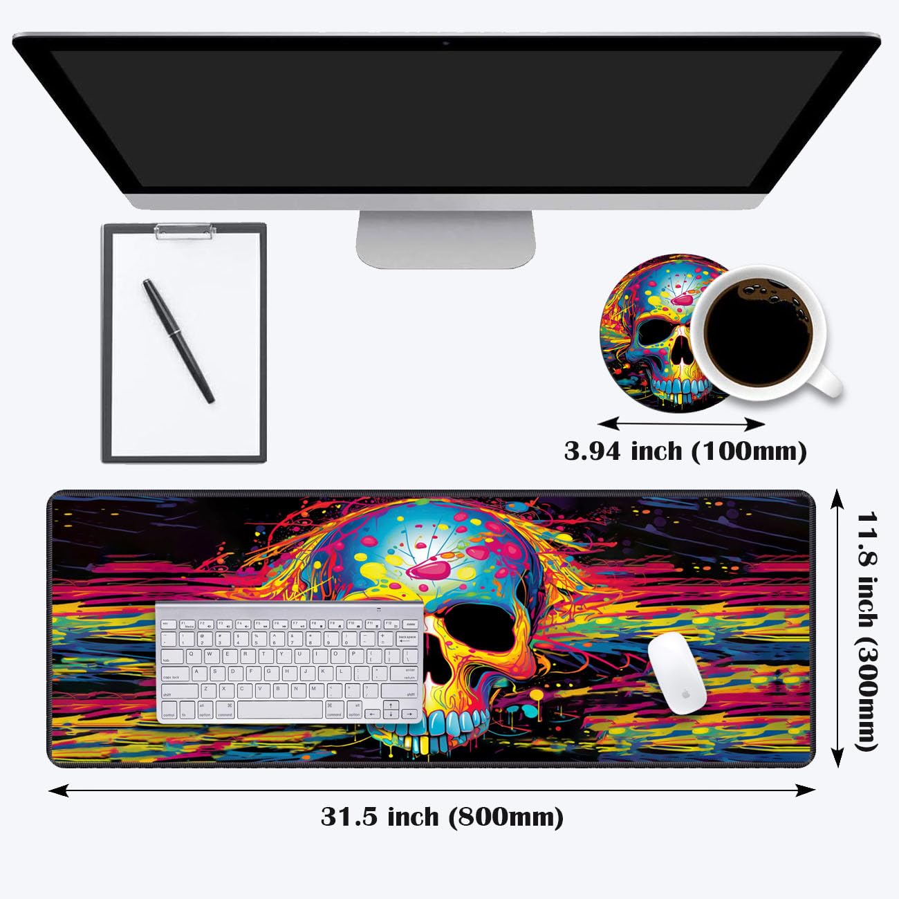 XXL Gaming Mouse Pad with Coasters Set - Non-Slip Stitched Edges Desk Mat for Laptop & Computer (31.5x11.8 Inch) - Skull Design Office & Home Writing Surface - Perfect for Work, Gaming & Study