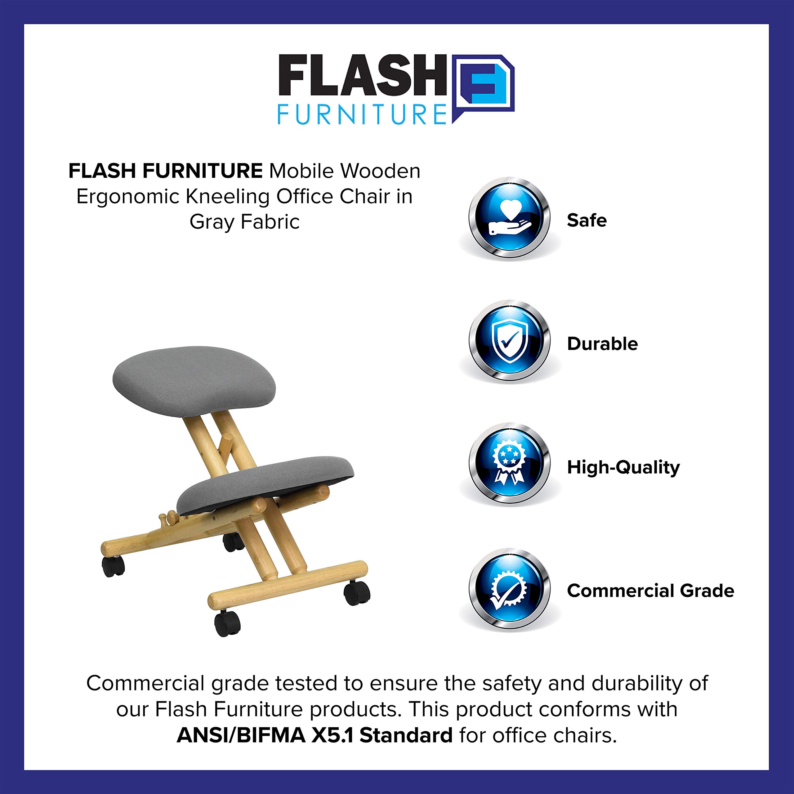 Ergonomic Kneeling Office Chair with Gray Fabric - Adjustable Mobile Wooden Chair for Home & Office - Perfect for Posture Support, Back Pain Relief & Long Work Sessions