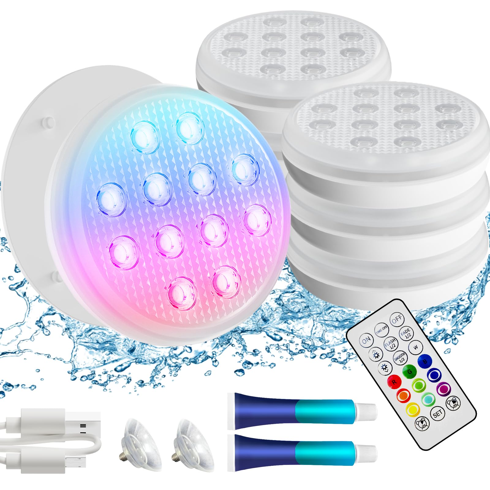 Rechargeable Submersible LED Pool Lights - IP68 Waterproof Underwater Lights with Remote Control, Magnet & Suction Cups - 16 Color Changing Floating Lights for Swimming Pools, Ponds, Hot Tubs, Fountains - Perfect for Backyard Decor, Parties & Nighttime Ambiance (6 Pack)