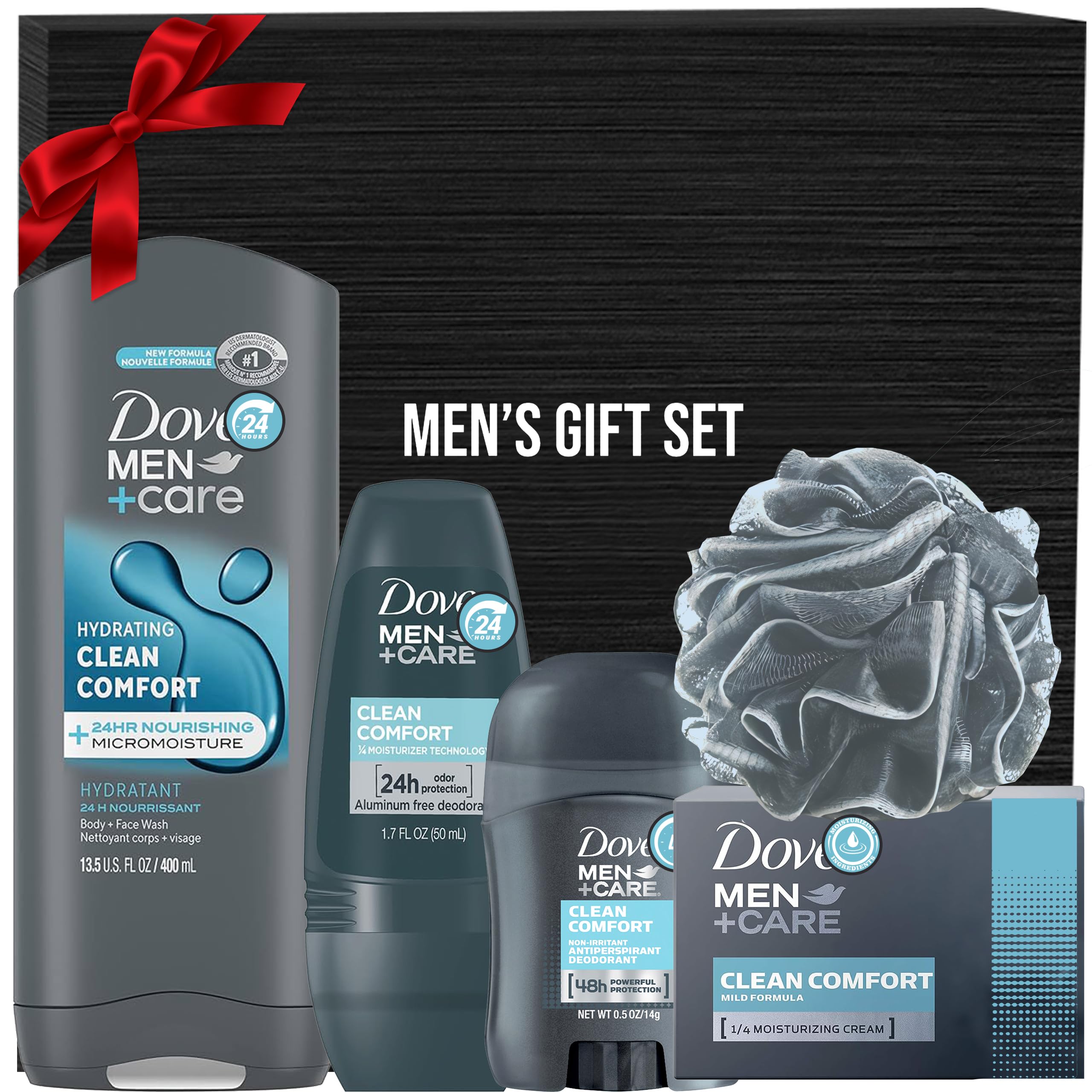 Men's Valentine's Day Gift Set - 5 Piece Body Care Kit with Clean Comfort Body Wash, Deodorant Stick & Roll-On, Bar Soap & Shower Pouf - Perfect for Romantic Gifts, Anniversary Presents & Self-Care Routines