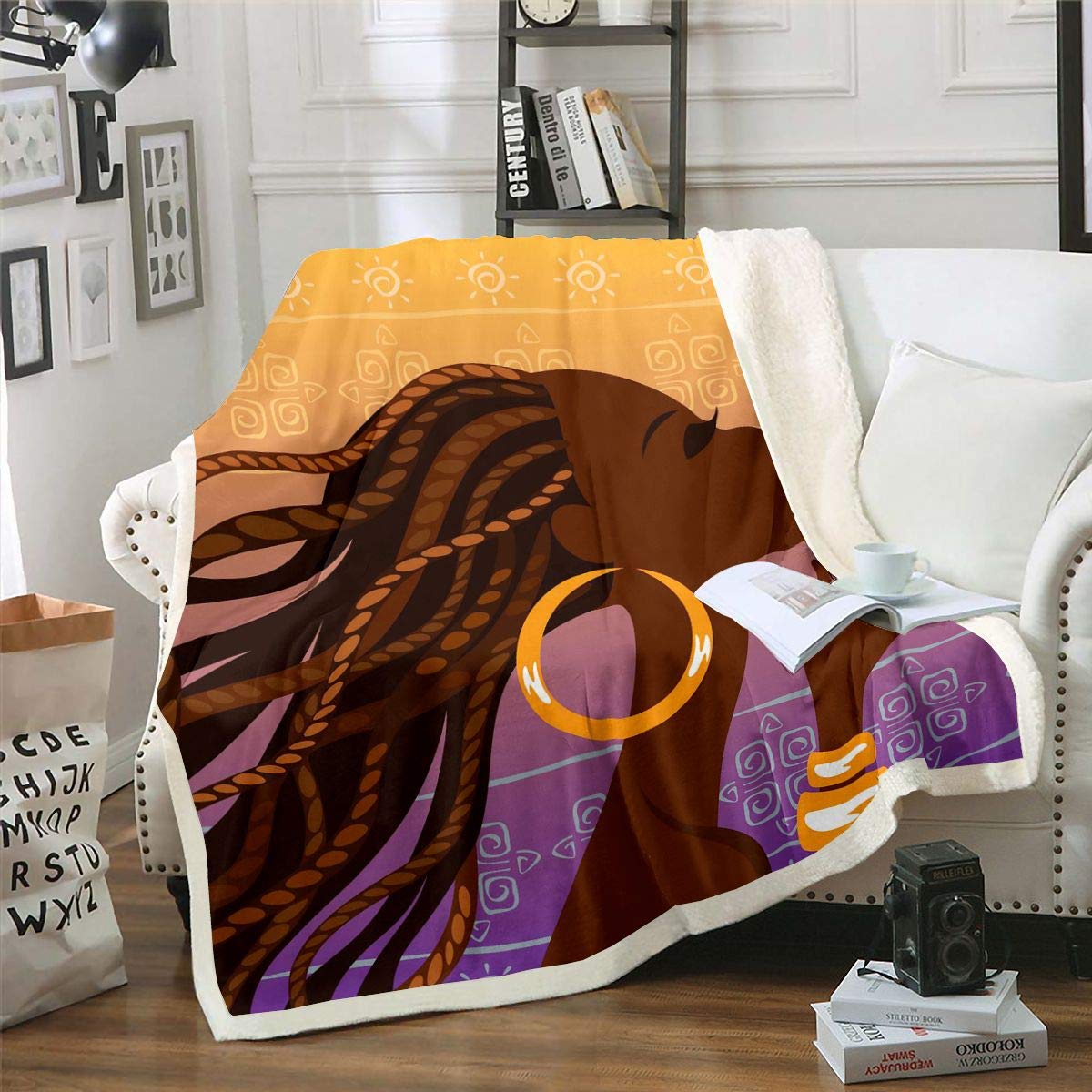 **African Print Fleece Throw Blanket - Soft Plush Sherpa Blanket 60x80 Inches for Couch, Sofa & Bed - Ethnic Afro Decor with Traditional Folk Art - Cozy Warm Fuzzy Blanket for Winter, Living Room, Dorm & Travel**