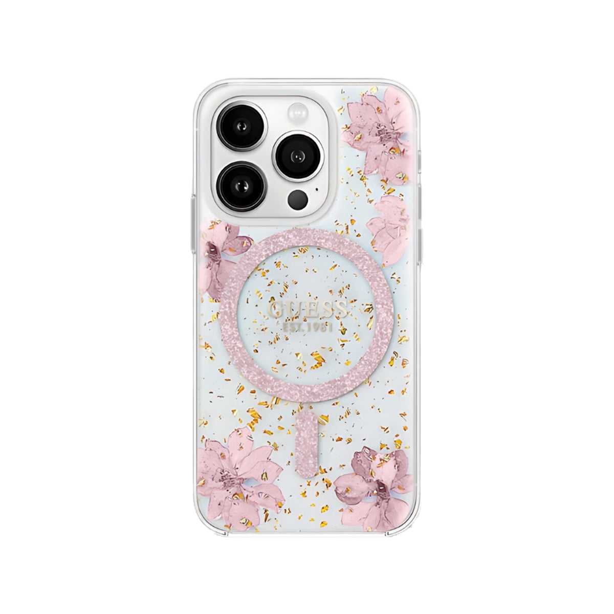 Guess Real Flowers & Glitter MagSafe Compatible iPhone 16 Pro Max Case - Pink Floral Design | Perfect for Everyday Use, Gifts & Special Occasions
