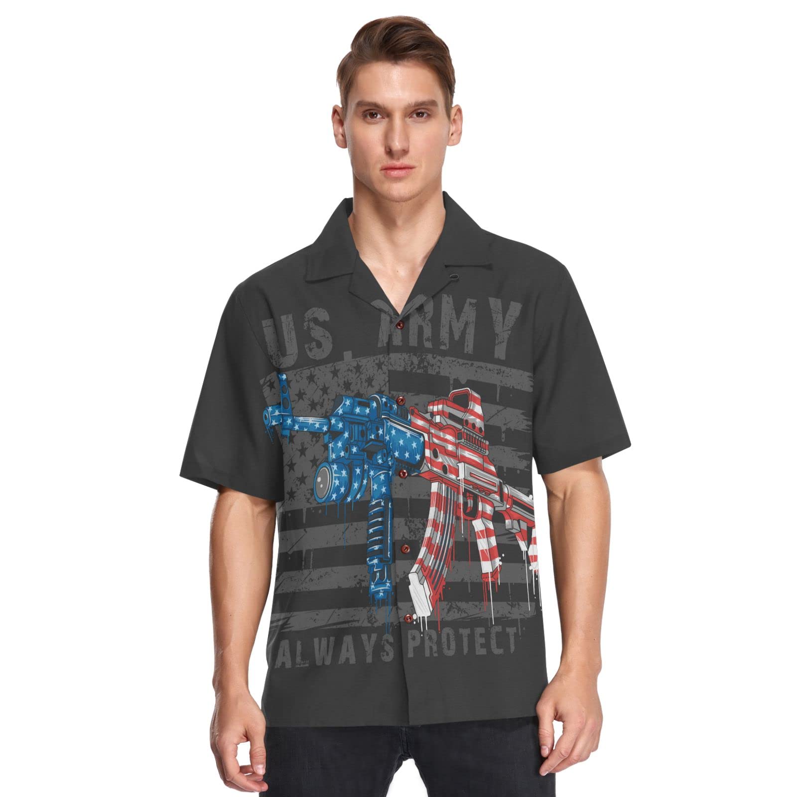 USA Flag Machine Gun Men's Hawaiian Shirt | Patriotic Aloha Beach Shirt | Summer Casual Button Down Shirt for Men | Perfect for 4th of July, Beach Parties & Patriotic Events