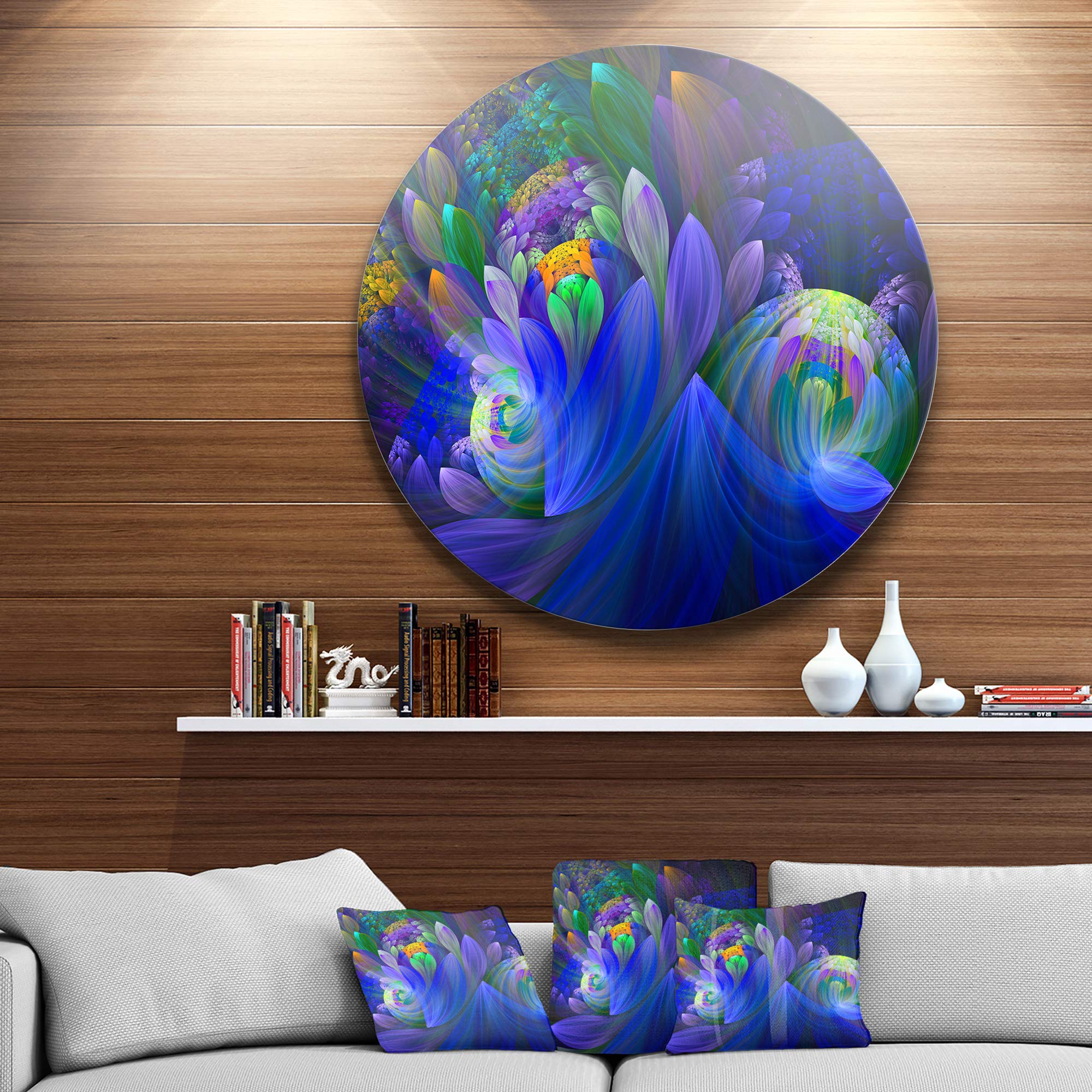 DesignArt Blue Fractal Flower Bouquet Round Metal Wall Decor - Modern Floral Circle Wall Art for Living Room, Bedroom, Office & Home Decor