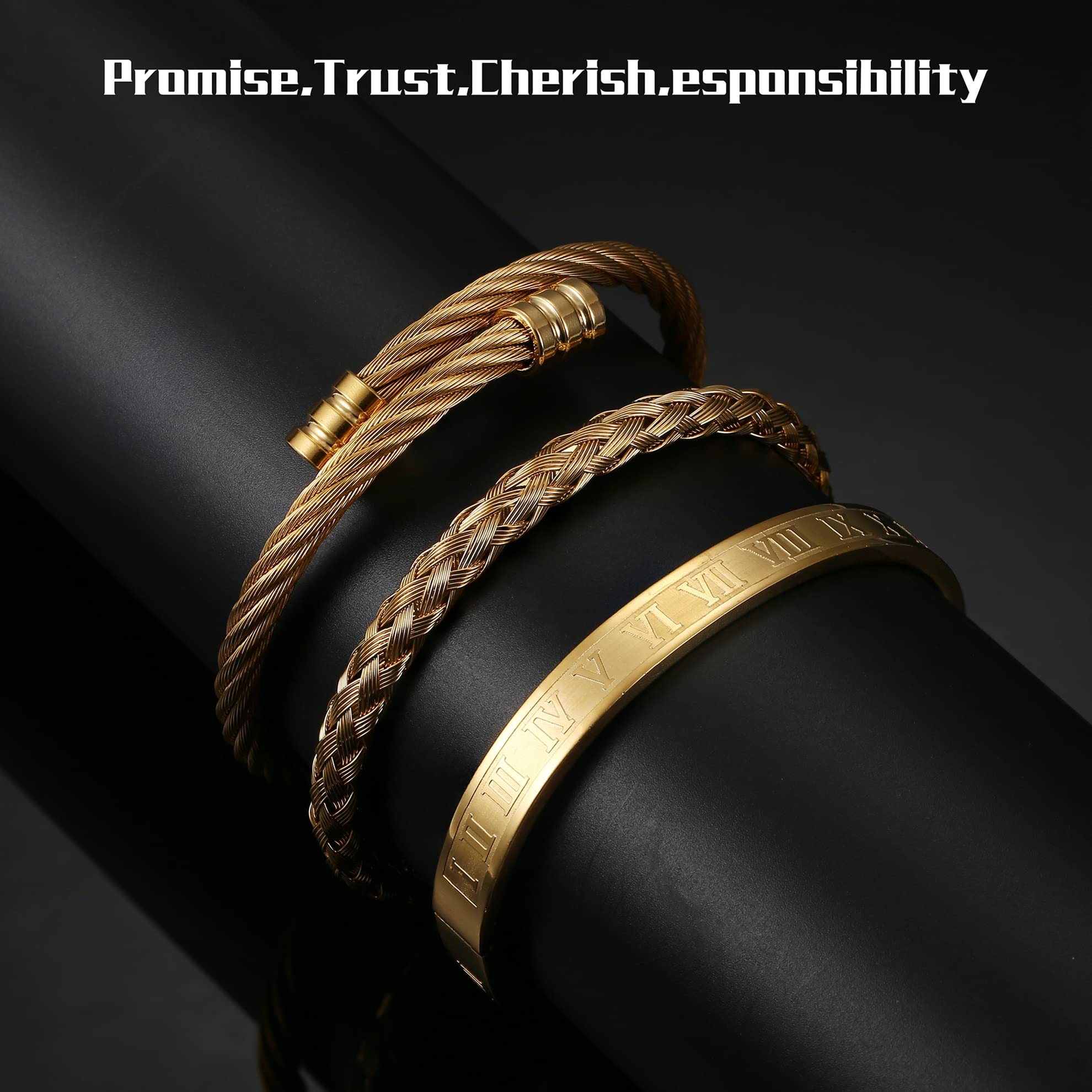 YADOCA 3Pcs Stainless Steel Bracelets for Men - Roman Numeral, Adjustable Cuff & Twisted Cable Bracelet Set in Gold/Silver/Black | Luxury Jewelry Gifts for Him | Perfect for Weddings, Anniversaries & Everyday Wear